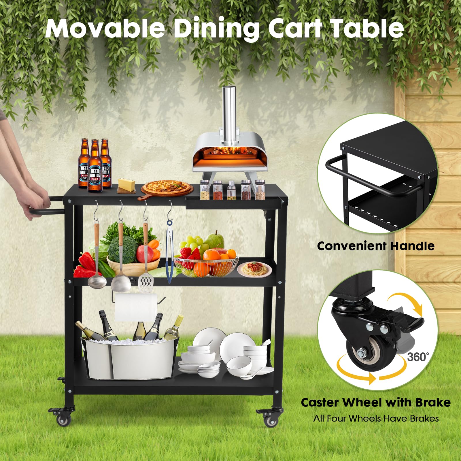 Mesa de carrito de parrilla para exteriores, mesa de horno de pizza para interiores y exteriores, con 4 ruedas móviles de bloqueo total, ganchos, mango lateral multifuncional (negro) 5
