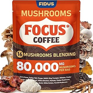 Fidus 16 in 1 Mushroom Coffee with 80,000mg Adaptogenic Mushrooms with Ashwagandha, Probiotic, Magnesium and Lion's Mane Instant Mushroom Coffee for Focus, Energy, Immunity & Digestion, 40 Servings