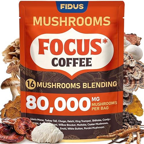 Fidus 16 en 1 Café de Hongos con 80,000mg de Hongos Adaptogénicos con Ashwagandha, Probiótico, Magnesio y Melena de León Café Instantáneo de Hongos