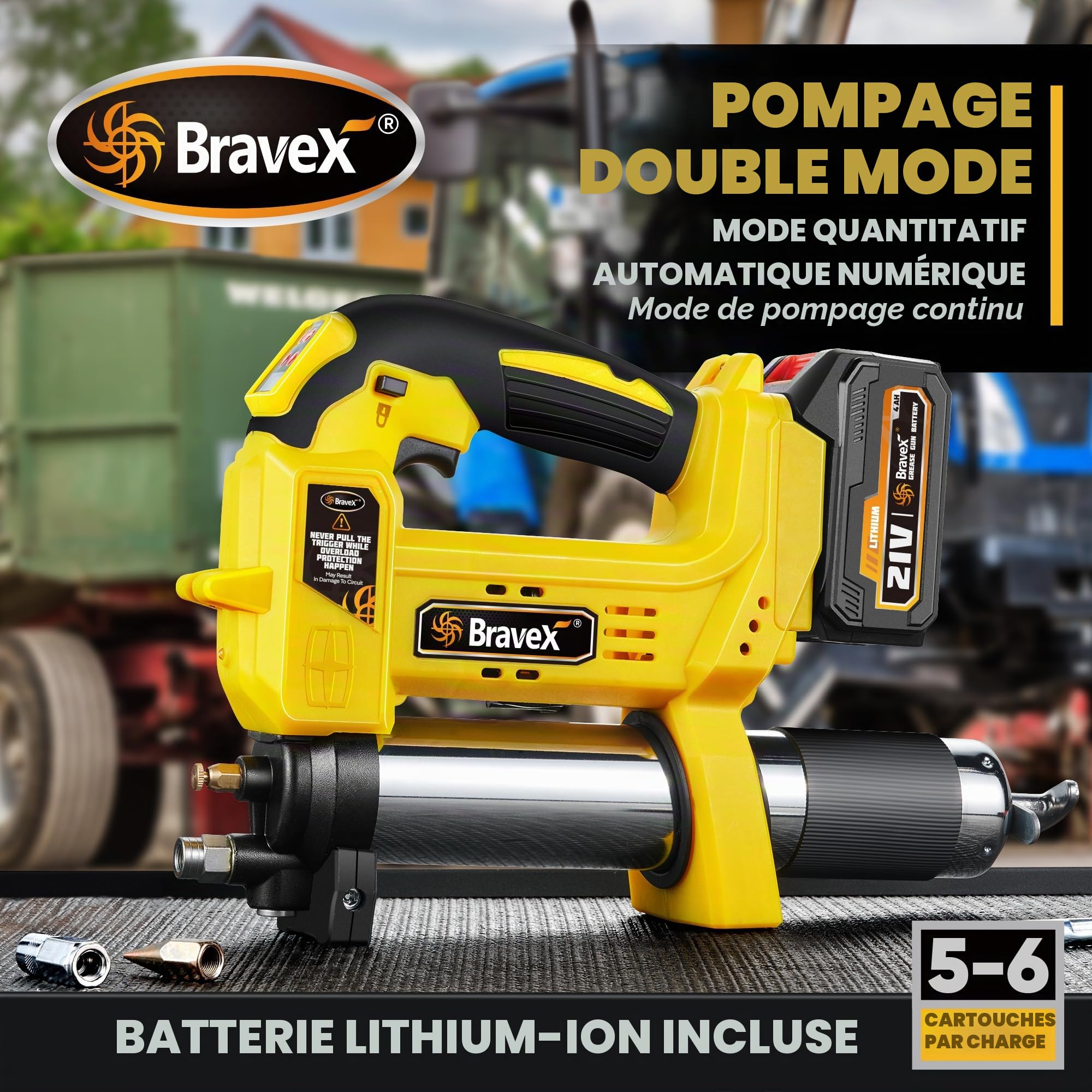 Bravex Pistolet à graisse sans fil, 12 000 PSI électrique, batterie rechargeable, tuyau de 40 pouces, pompage automatique quantitatif
