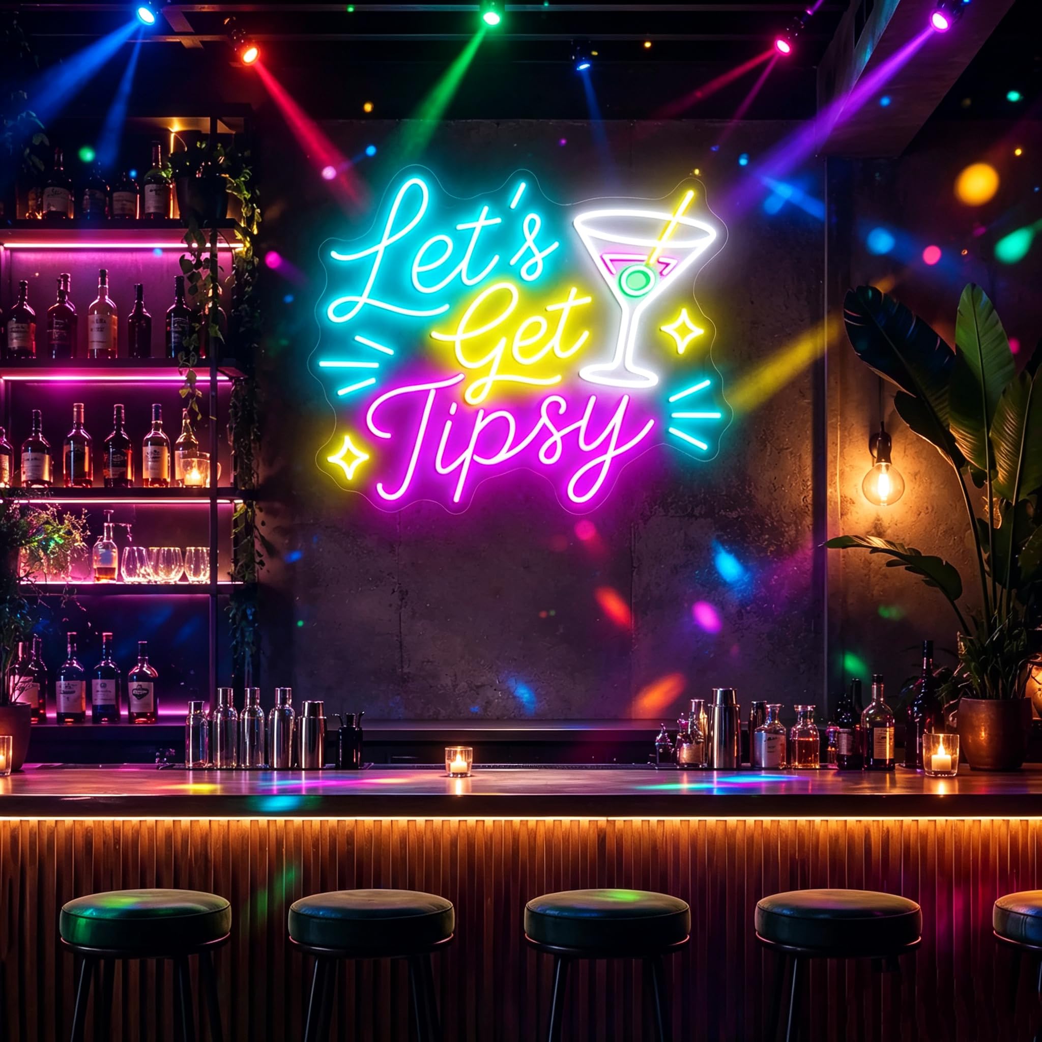 Let's Get Tipsy neonowy znak kolorowy koktajl LED neonowe światło | Dekoracja ścienna zasilana przez USB do domowego baru, pubu, męskiej jaskini, imprezy