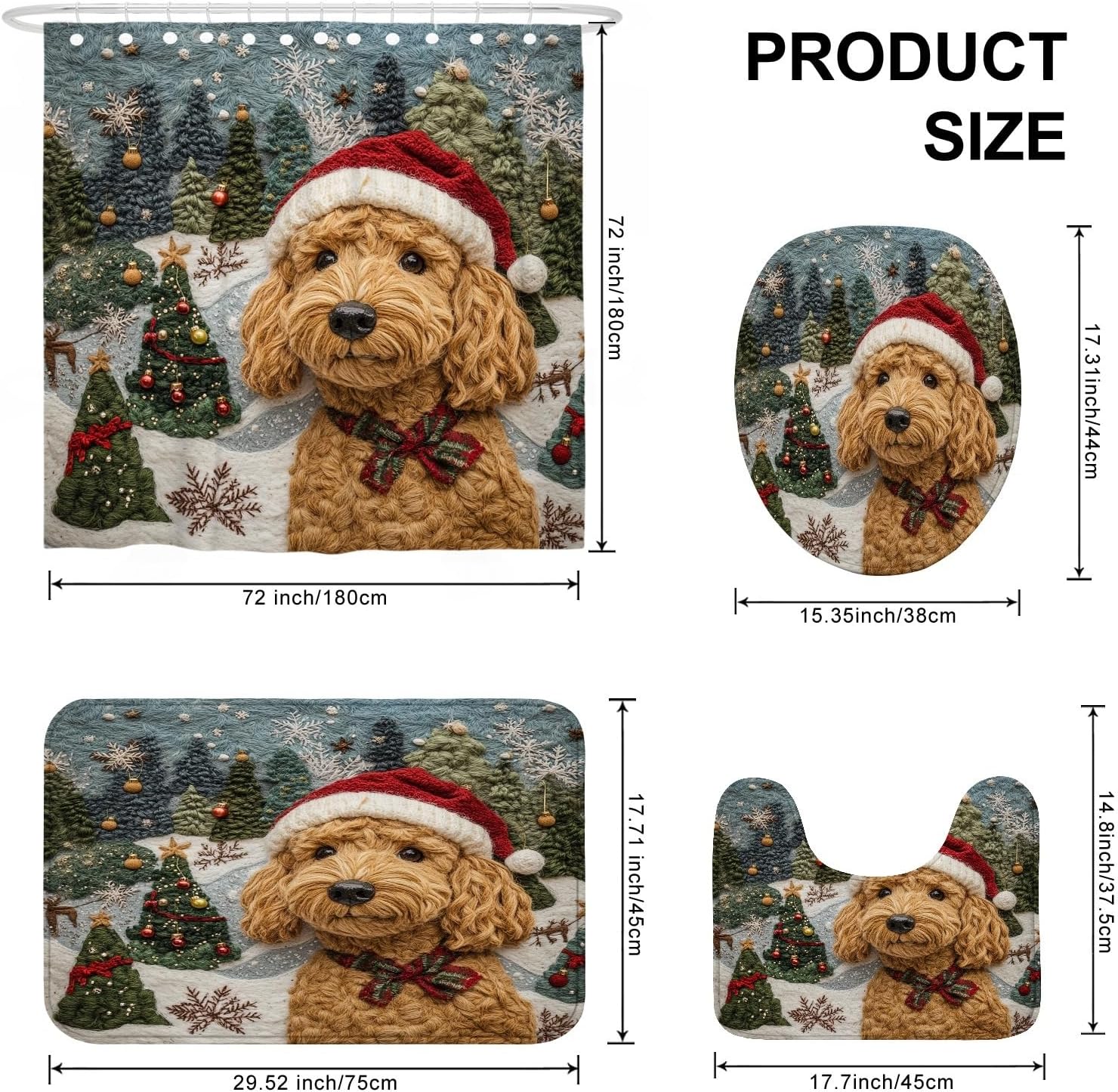 4PCS Christmas Golden Doodle Dog Shower Curtain Sets with Non-Slip Rug, U Shape and Toilet Lid Cover Mat, Xmas Novelty Tree Home Decoration, Bathroom Accessory with 12 Hooks