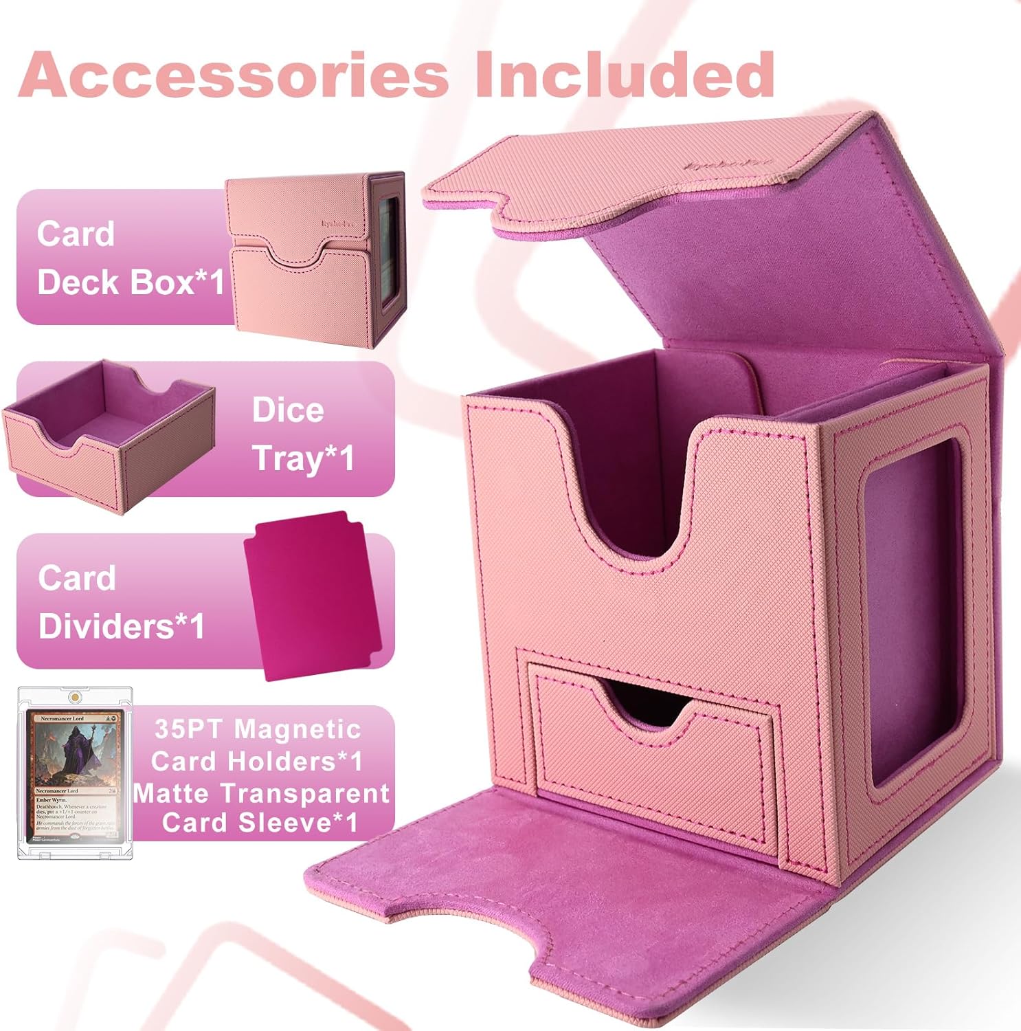 Card Deck Box for MTG with Display Window, Commander Deck Box Fits 100+ Double-Sleeved Cards, Magnetic Closure Card Storage Box with Divider, Dice Tray and 35PT Card Holder, Pink