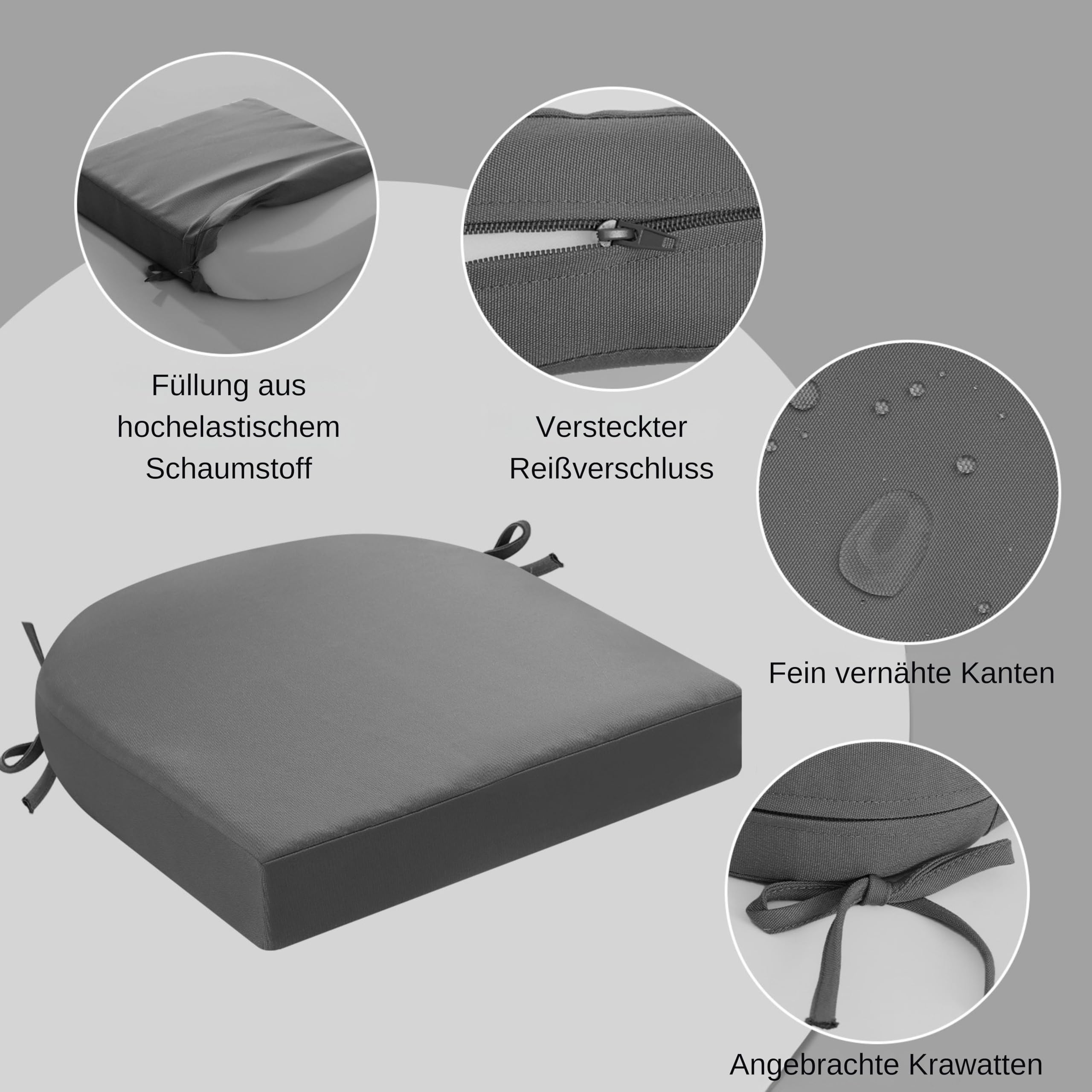 Stuhlkissen für draußen, 2er-Set, Terrassenstuhlkissen für Gartenmöbel, wasserdicht, mit Bändern, Sitzkissen für draußen, Terrassenstuhlpolster, Esszimmerstuhl, 45x45, Anthrazit