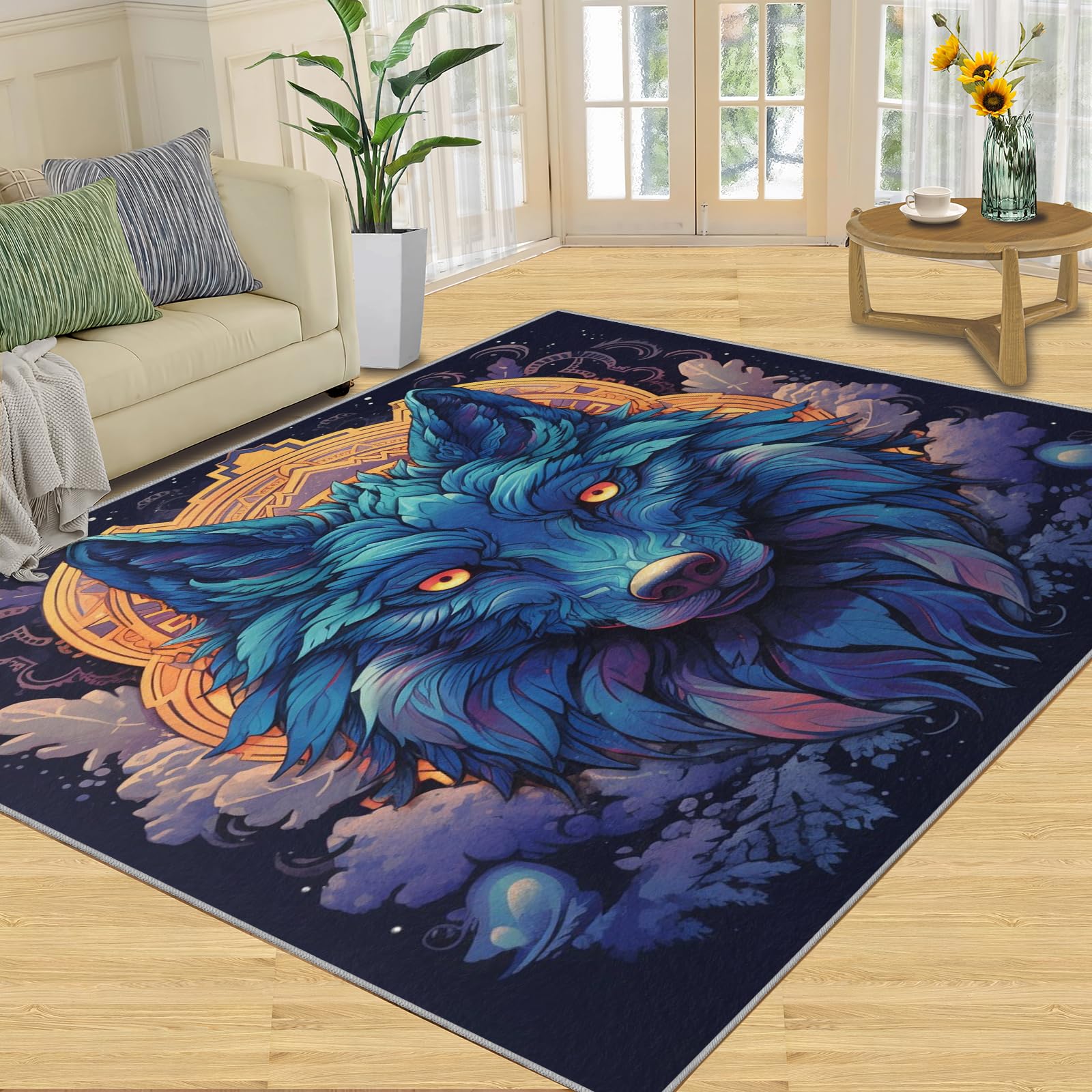 Cartoon Wolf Rug Wolf Totem Rug Bohemian Watercolor Animals Area Carpet Non-Skid with Non-Slip Backing Floor Mat for Bathroom Home Nursery College Dorm 6x8ft