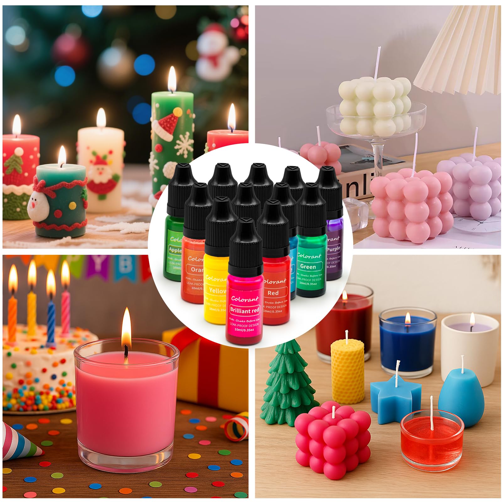 12 Farben Kerzenfarbe Flüssig Set，Kerzenwachs Farbe，Wachsfarbe für Kerzen，je 10ml，Anwendbar auf Paraffinwachs, Sojawachs usw，Perfekt für festliche Kerzen & Weihnachtsgeschenke (12 Farben)