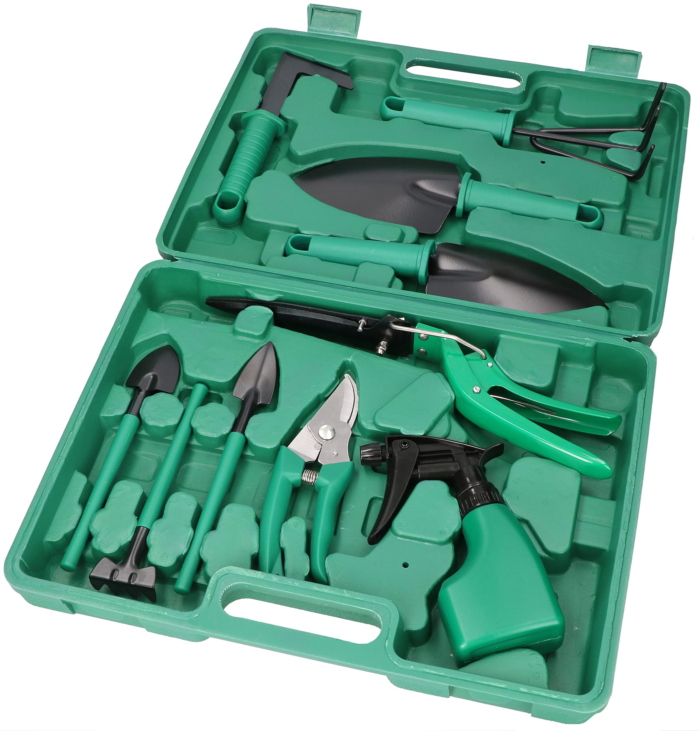 KOTARBAU® Juego de Herramientas de jardín de 10 Piezas, Herramientas de jardín con maletín de plástico: Tijeras de podar y para césped, Palas, rastrillos, azada, pulverizador, Herramientas de jardín