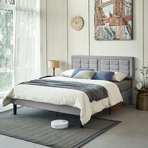 Miniatura 3 de VECELO Base de cama de tamaño matrimonial con cabecera ajustable, base de cama tapizada con botones y soporte de listones de madera, no necesita