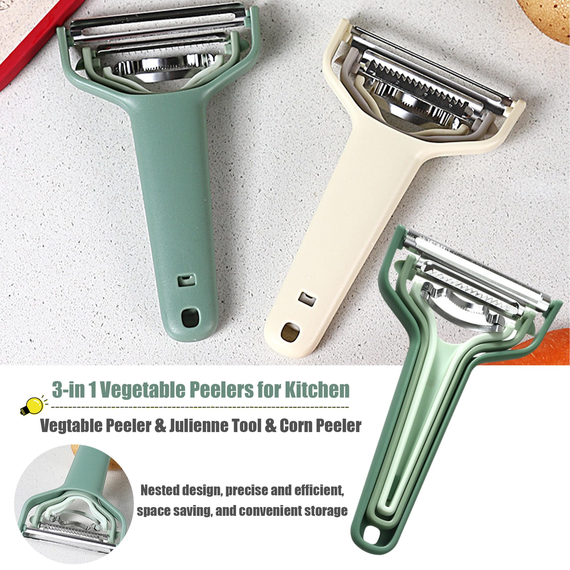 JDL LUCKY LIFE Peelers for Kitchen, 3-in-1 Kitchen Peeler Set, Includes Vegetable Peeler, Julienne Tool, Corn Peeler, Vegetable Peeler for Corn on the Cob (Green)