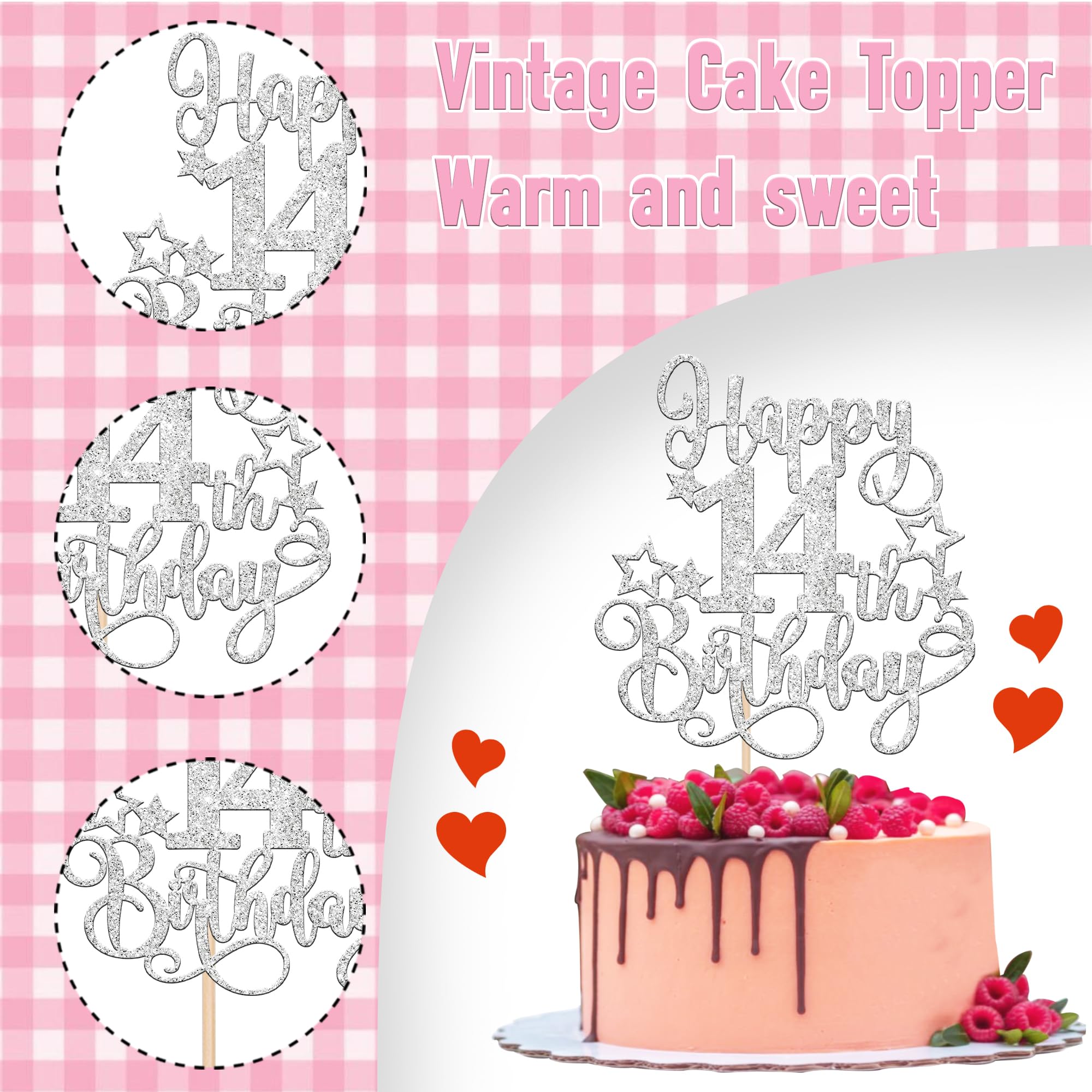 Tortenaufsatz Zum 14. Geburtstag – Silber Glitzernd – 'Cheers To 14 Years' – Teenager-Deko