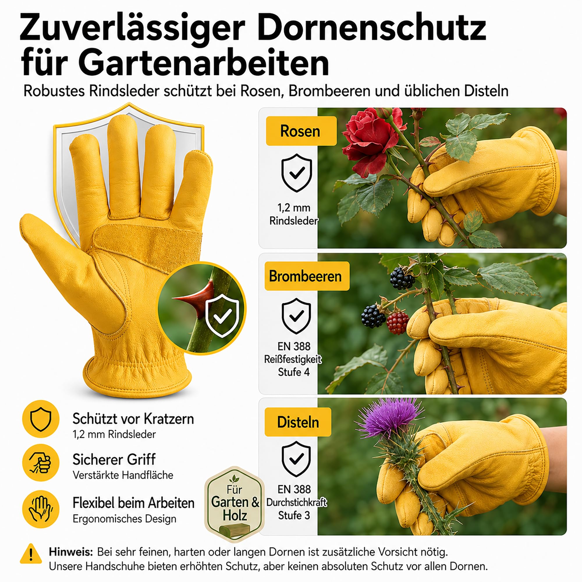 OZERO Gartenhandschuhe Dornenfest Herren Damen, Arbeitshandschuhe Leder | aus Rindsleder mit Gummibund, ungefüttert - für Rosenschnitt, Brombeeren, Brennholz, Werkstatt, Motorrad, Gr. M bei Günstiger Preis