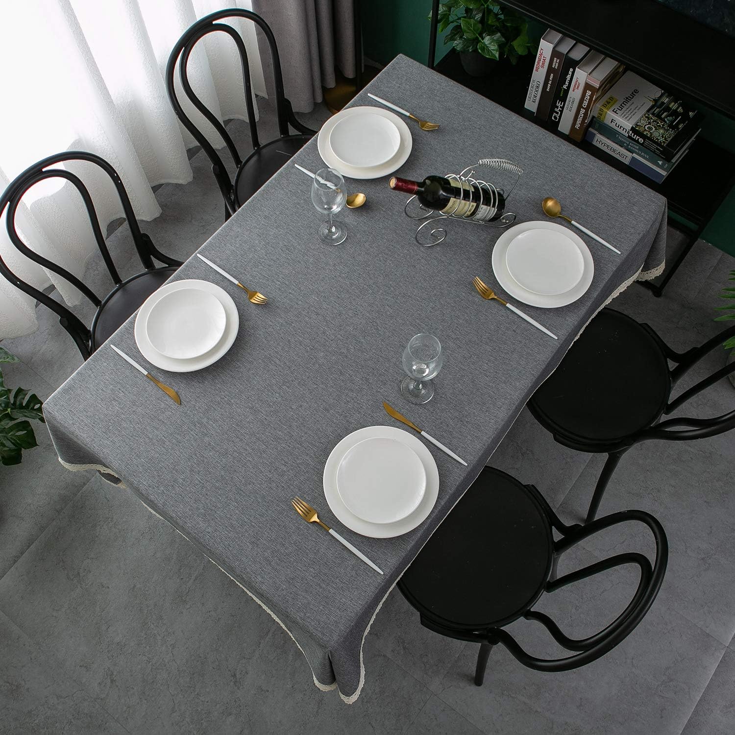 EHouseHome Faux Linen Tablecloth with Lace Trim - Waterproof/Spill Proof/Stain Resistant/Wrinkle Free/Oil Proof - for Banquet, Parties, Dinner,Kitchen,Wedding,Coffee,Holiday,Grey Rectangle 52x70Inch Grey 52x70"