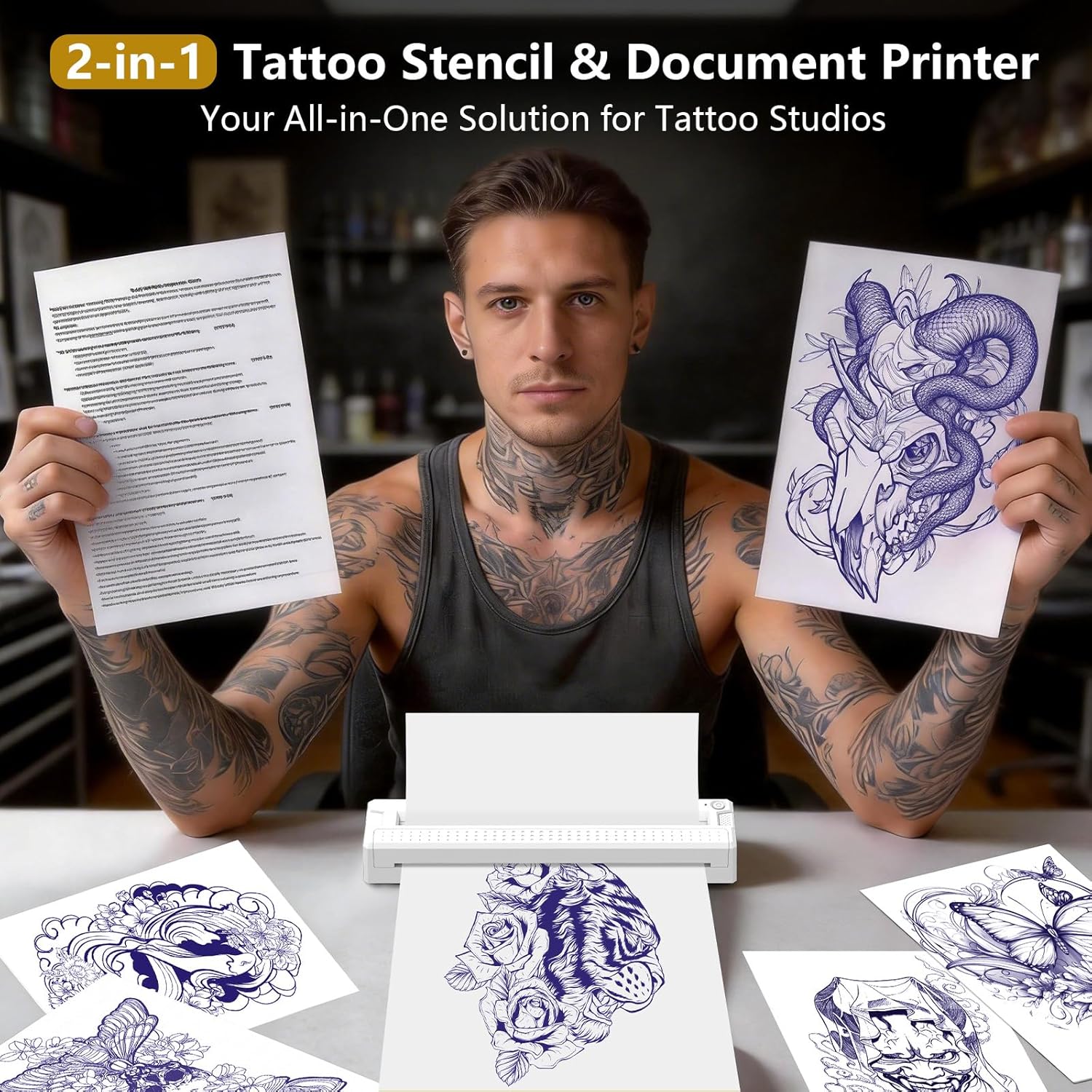 Bagana Tattoo Stencil Printer, 2-in-1 Wireless Bluetooth Thermal Printer for Tattoo Stencils & Documents, Portable Temporary Tattoo Transfer Machine Kit for Tattoo Artist & Beginner, White