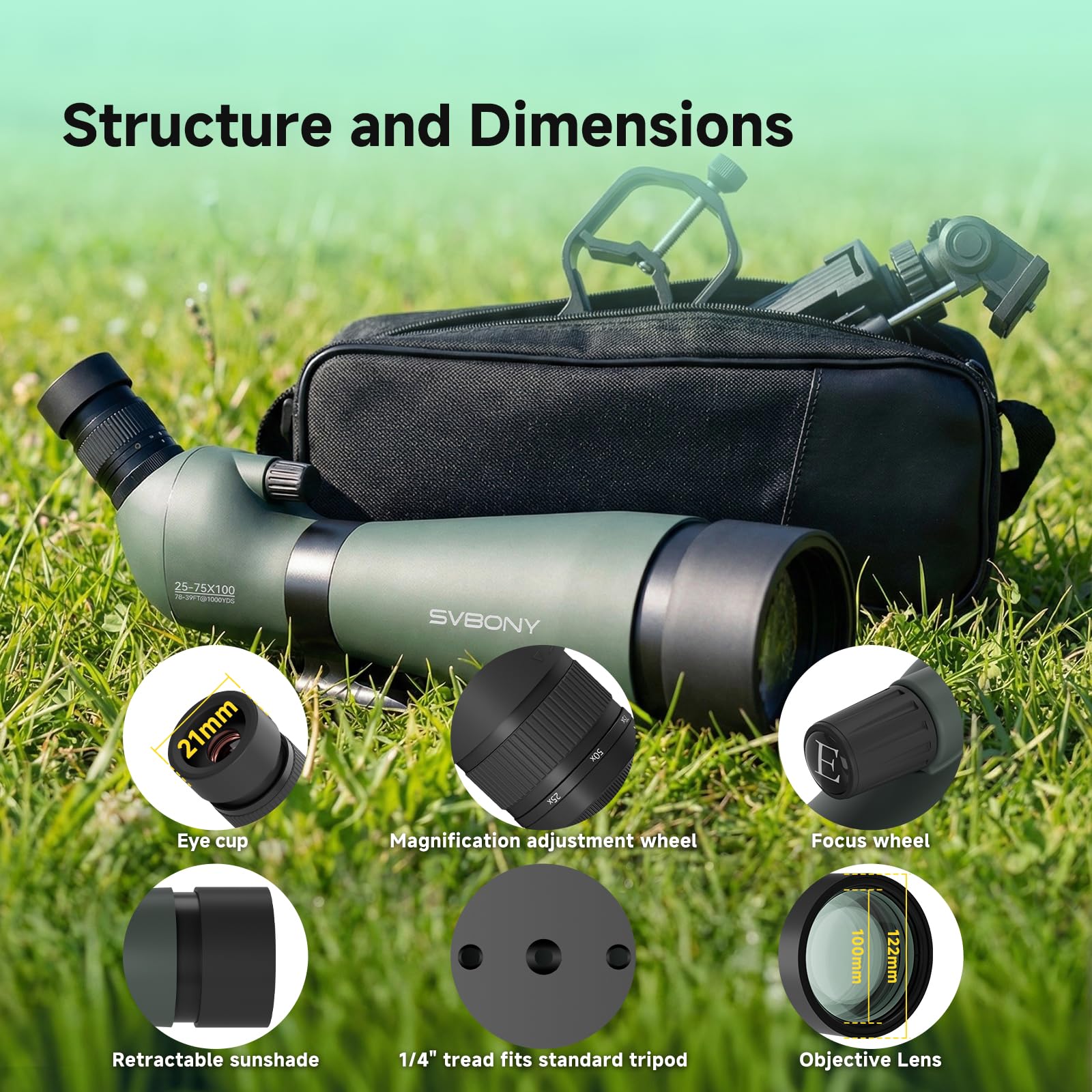 Svbony SV28 Telescopio de Detección con Trípode, 25-75x Zoom, Lente Objetivo 100mm, HD Bak4 FMC, Ocular Giratorio, Adaptador de Smartphone, para Observación de Aves y Tiro al Blanco