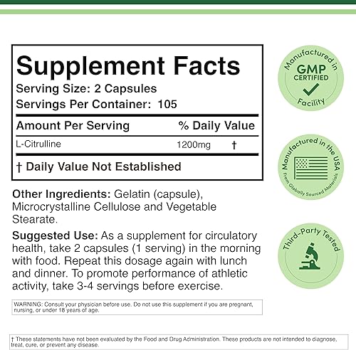 Miniatura 2 de Cápsulas de citrulina L de 1200 mg por porción 210 unidades L-citrulina aumenta los niveles de L-arginina y óxido nítrico Suplemento de recuperación