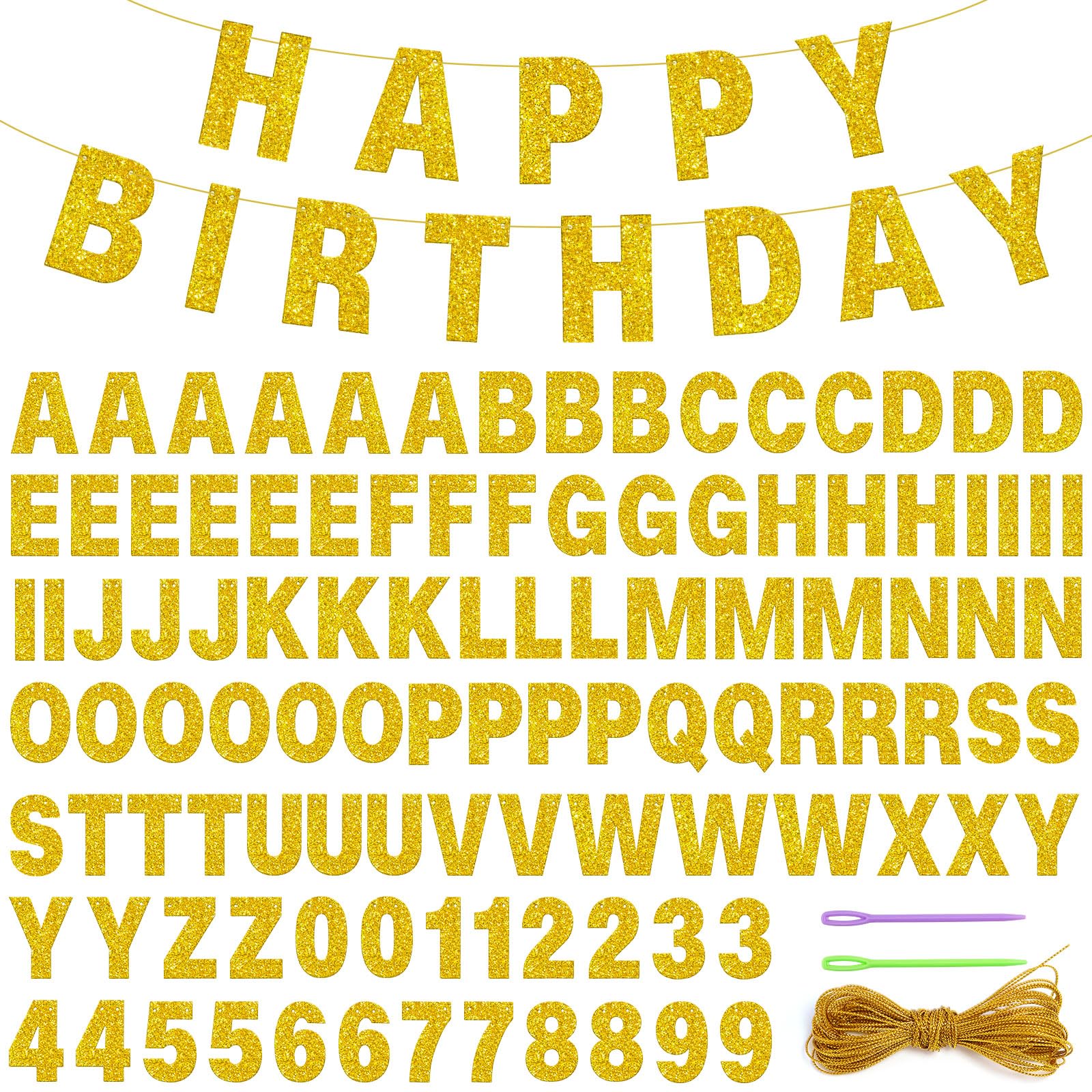 KINYFY 110 PCS DIY Letter Banner Customizable Banner Kit, Glitter Banner Kit Including 107 Letters and Numbers 1 Rope and 2 Threading Device for Graduation Wedding Party Birthday Decoration (Golden)