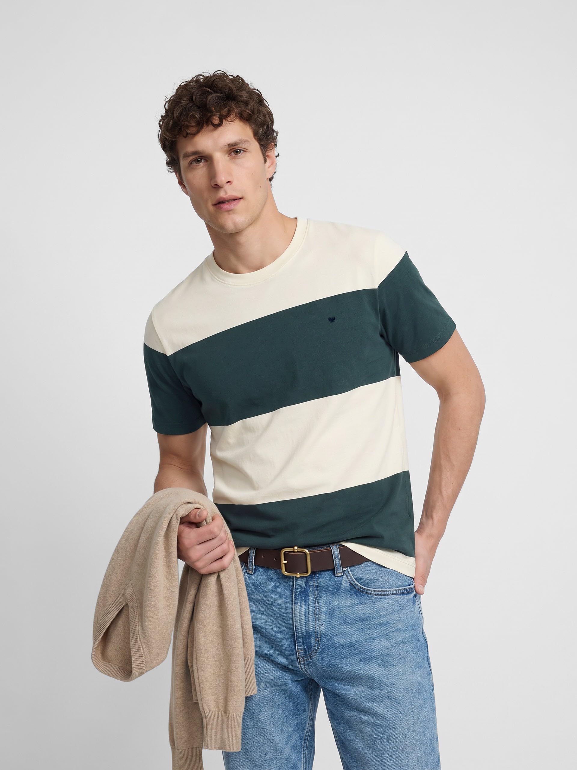 SILBON Camiseta Raya Ancha Verde Oscuro T-Shirt Uomo (Pacco da 1)