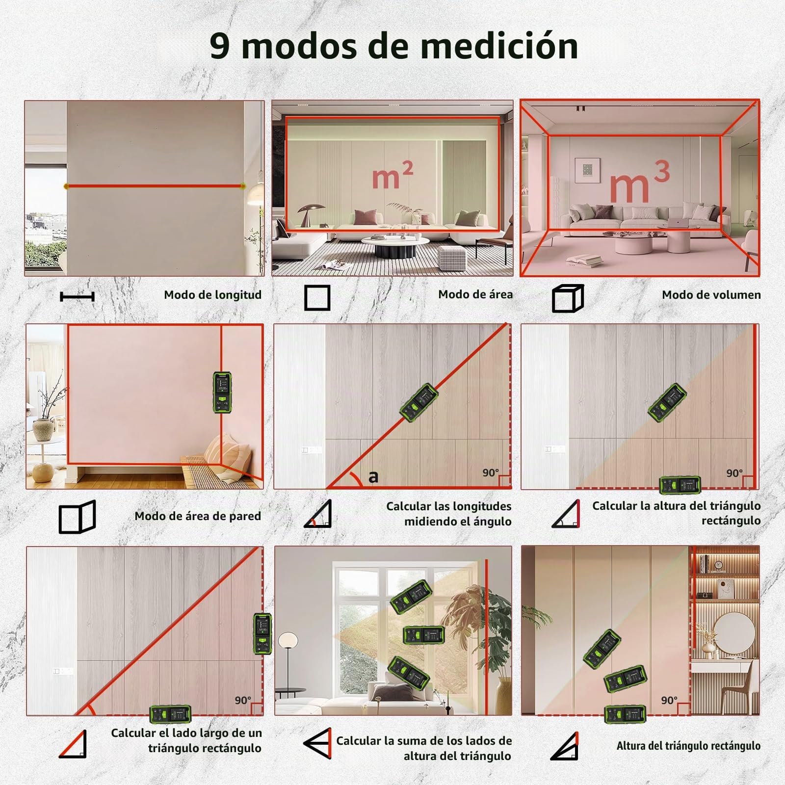 Telémetro Láser Bilateral, Huepar 120M Dispositivo de Medición con Láser Rojo, LCD retroiluminado, medición de Distancia, Superficie y Volumen y Modo pitagórico
