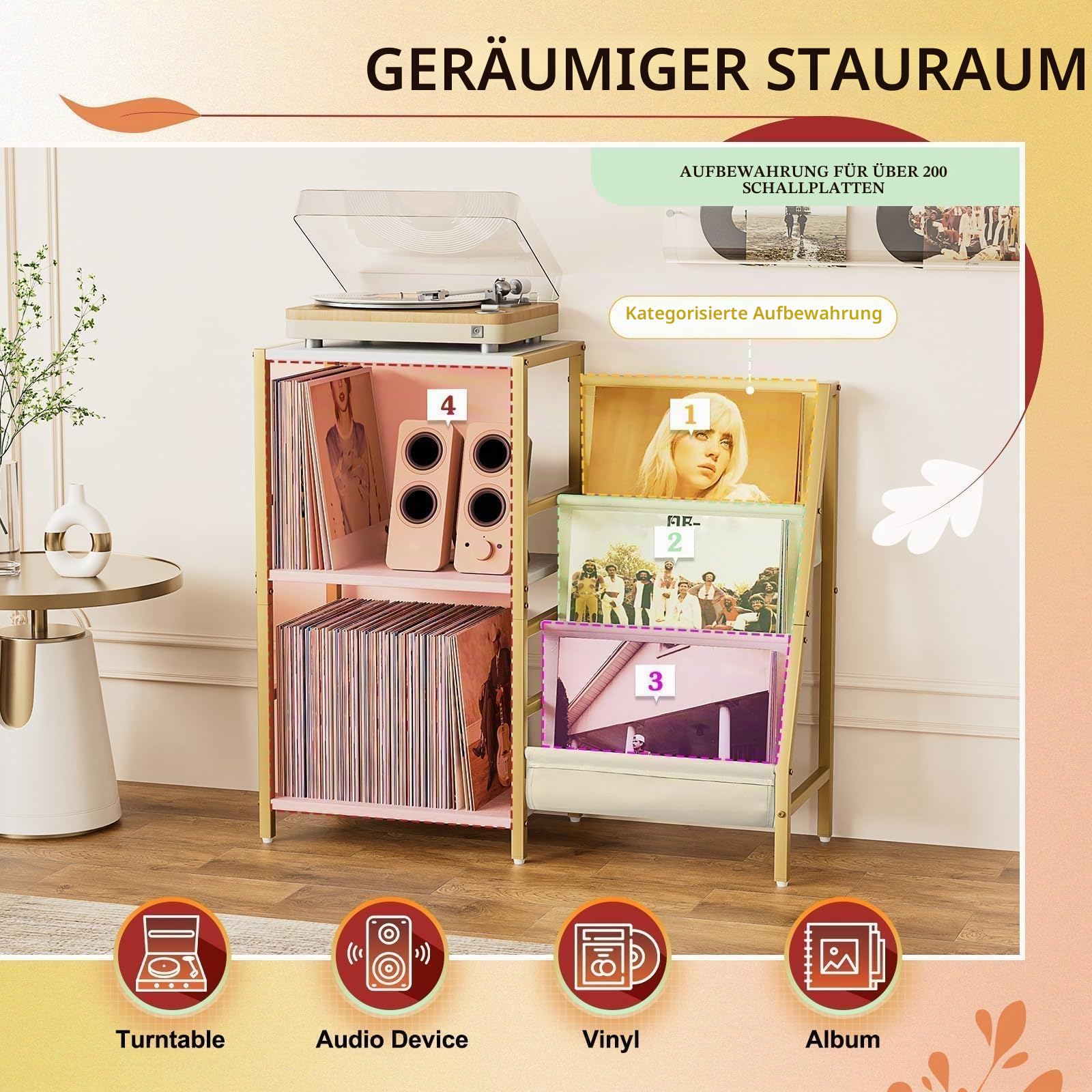Bikoney Plattenspieler Schallplattenständer mit 3-stufiger Vinyl Display Regal Lagerung, Turntable Tisch Aufbewahrung bis zu 200 Alben,Media Konsole Vinyl Regal für Wohnzimmer (Gold)