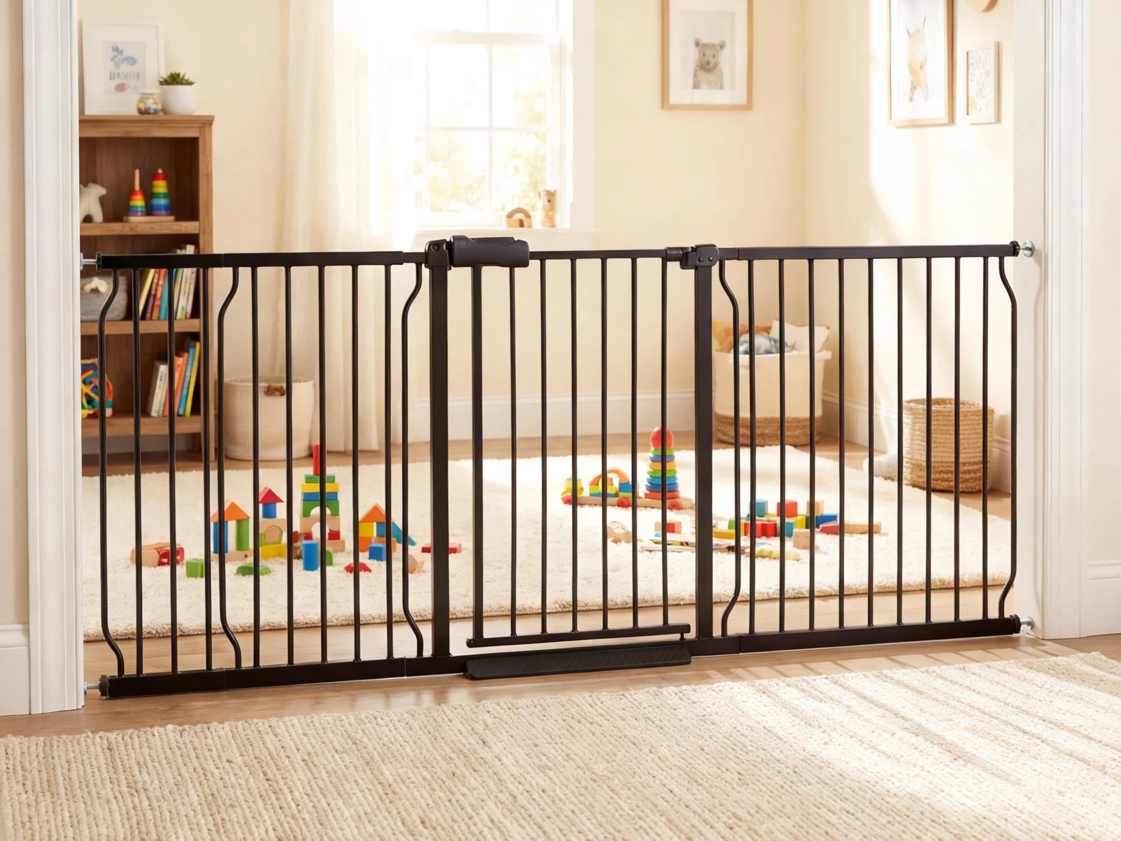 Heavy Duty Baby & Pet Safety Gate - Extra Wide 76.4-81.1 Inch, Black Metal, Pressure Mounted, Walk-Through