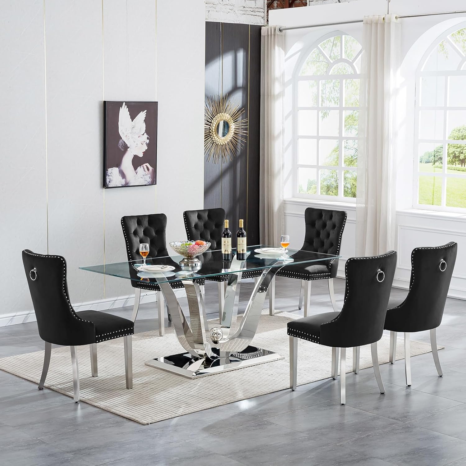 Luxury Dining Table Set for 6, 70″ Tempered Glass Dining
