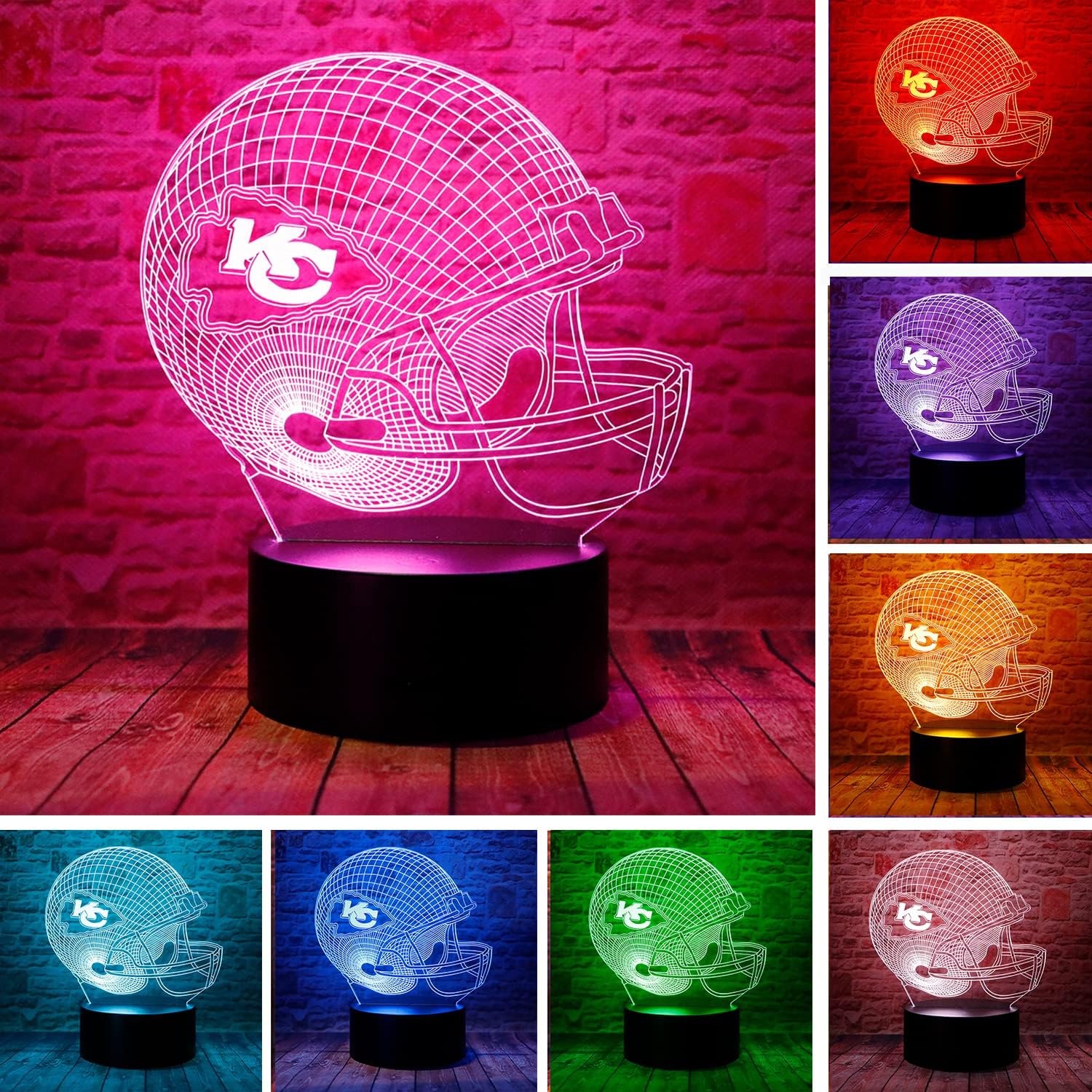 Cute Chiefs Football Helmet 3D Optical Illusion LED Bedroom Decor Sleep Table Lamp with Remote 7 Colors Acrylic Visual Night Light Birthday Christmas Gifts for Kids KC Men Women