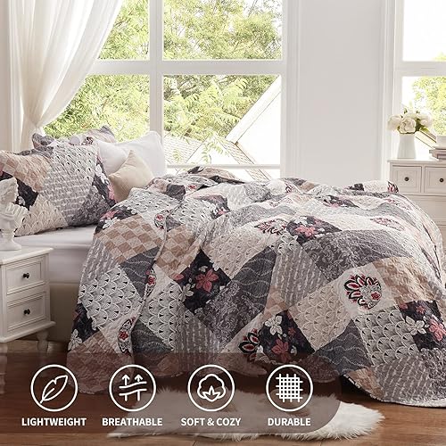 Miniatura 2 de Juego de edredón de Navidad de 3 piezas ligero reversible de 98 x 106 pulgadas suave de retazos floral lujoso cálido de microfibra para todas las