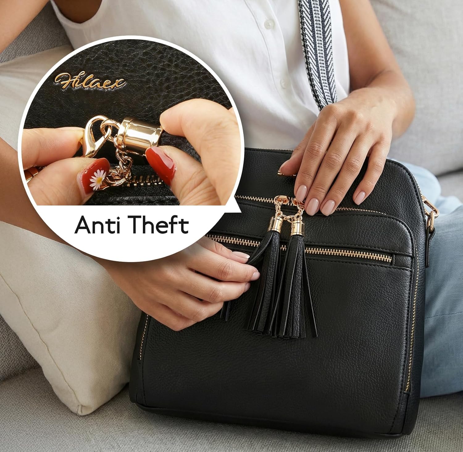 Women's Leather Crossbody Bags Anti Theft Purses RFID Blocking Handbags Trendy Travel Adjustable Strap Tassel - Image 3