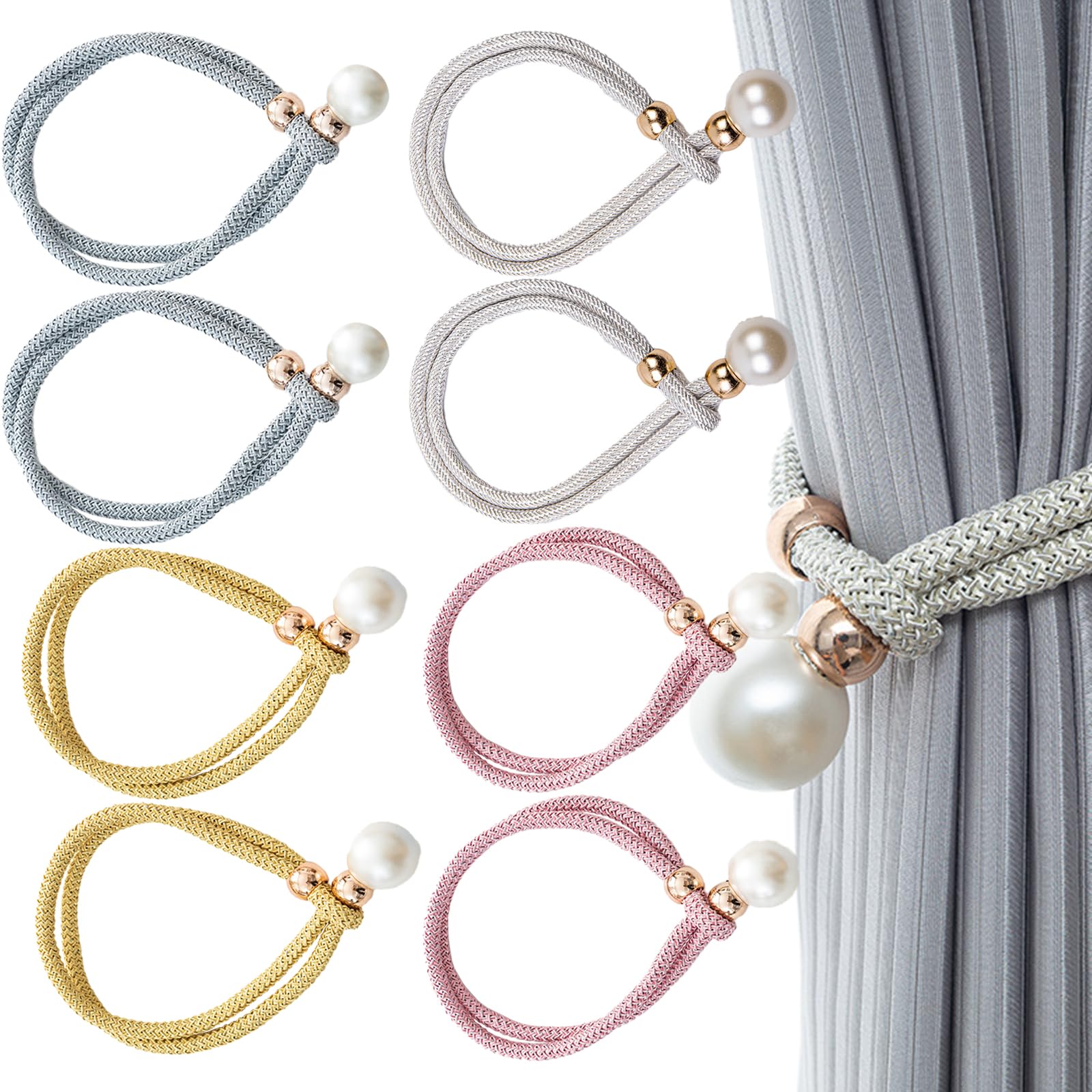 Bustlwor 8 Piezas Perlas Hebillas Cuerda, Alzapaños Decorativos para Cortinas, Soporte de Cortina para decoración del hogar (Rosa, Gris, Dorado, Blanco)