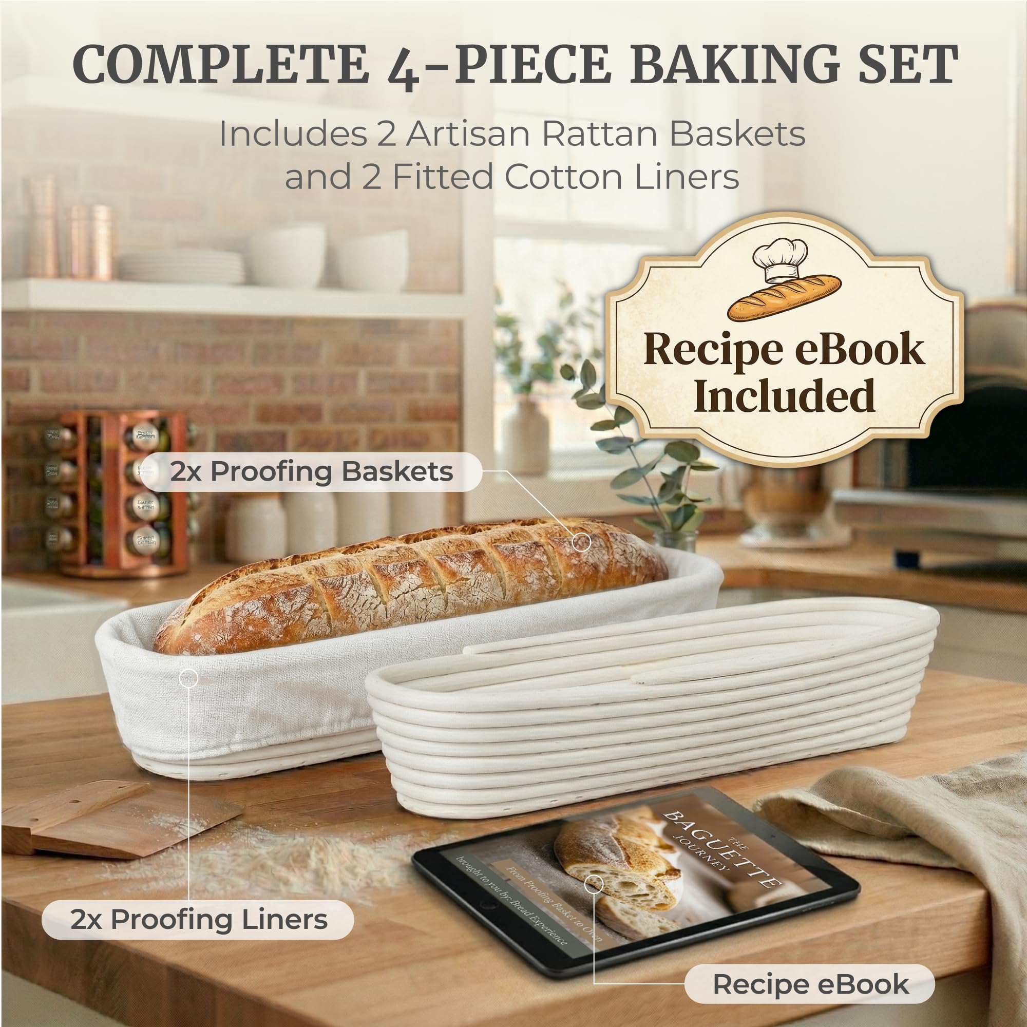 Gärkörbe für Baguette, Brot, Banneton, 38,1 cm, 2 Stück