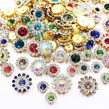 100pcs Sew on Rhinestones Crystals Glass Gems Metal Claw Mixed 8mm 10mm 12mm 14mm Sunflower Garments for Sewing Headband Jewelry Crafts Clothes Shoes Belt Accessories (00 Mixed Color)