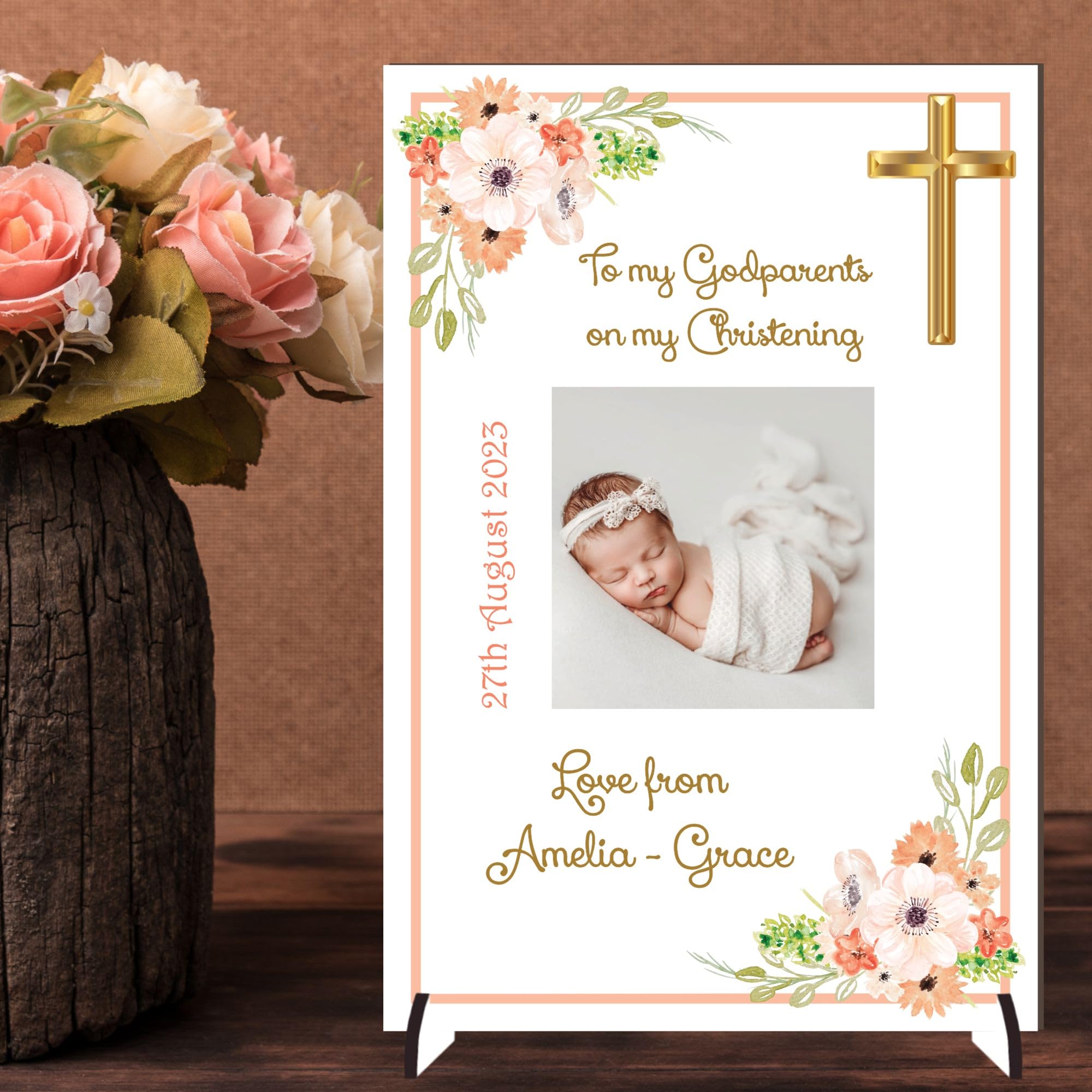 Personalised 'To My Godparents' Christening Photo Plaque | Keepsake Gift | A4 or A5 Size | Customisable with Special Message | (Mdf Wood 21cm x 15cm, Blush Floral)