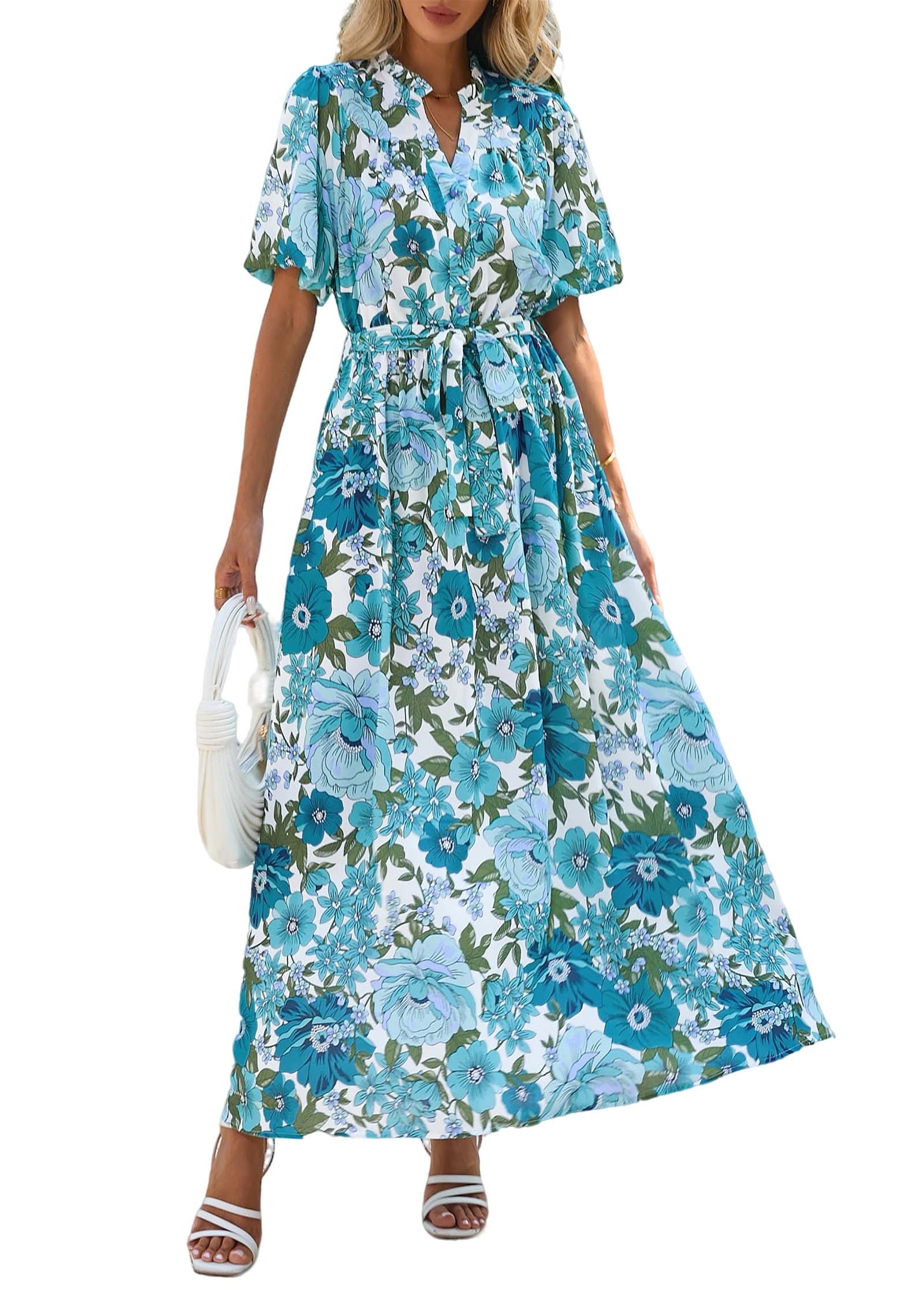 KIRUNDO Women Spring Summer Wedding Guest Boho Floral Maxi Dress Puff Sleeve Button Shirt V Neck Flowy Beach Vacation Dress