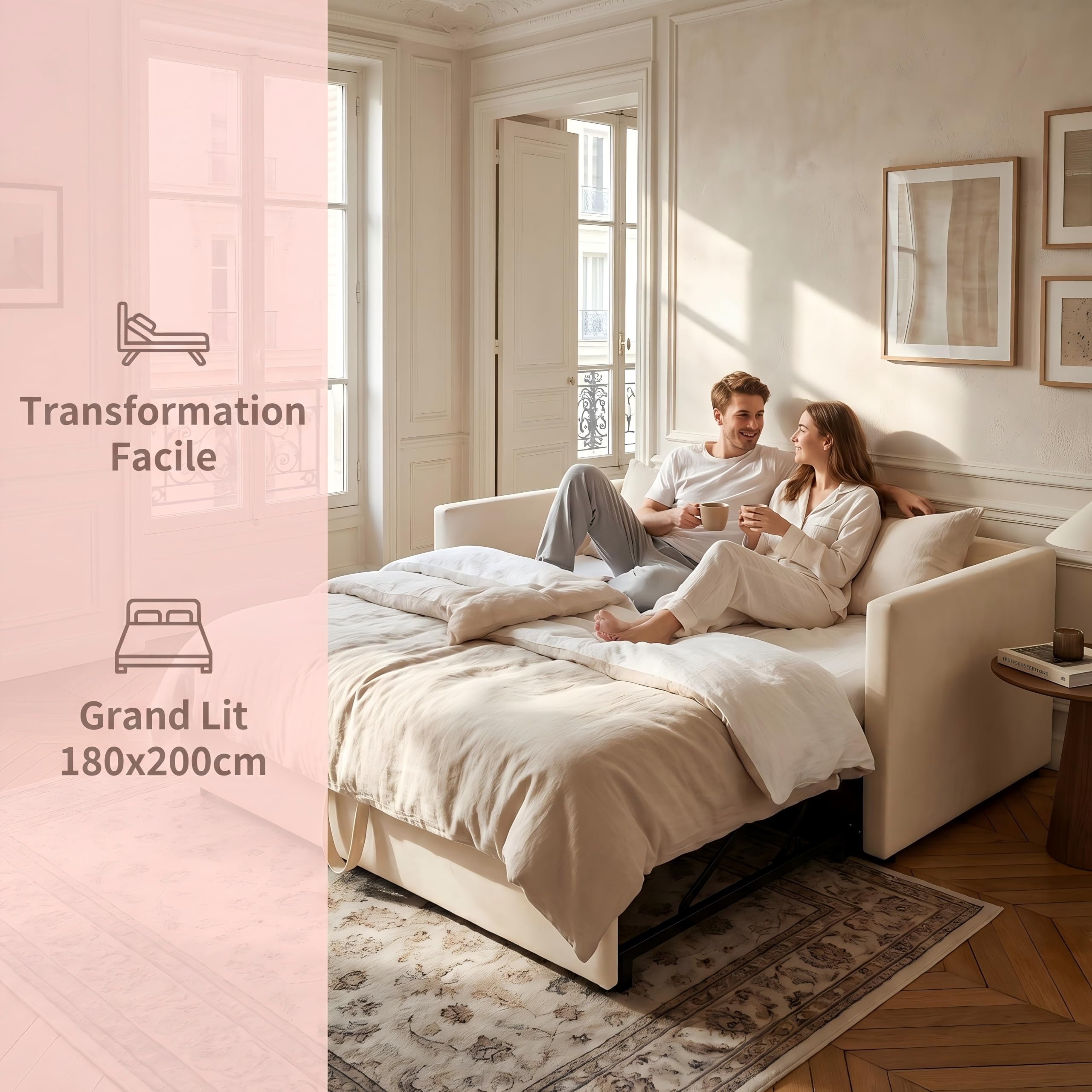 Sofá Cama Extensible, Cama Tapizada 90/180x200 cm, Sofá Cama, Cama Multifunción, Cama de Invitados, Sofa Cama 2 plazas, Cama de Salón con Somier de Láminas (Terciopelo Beige)