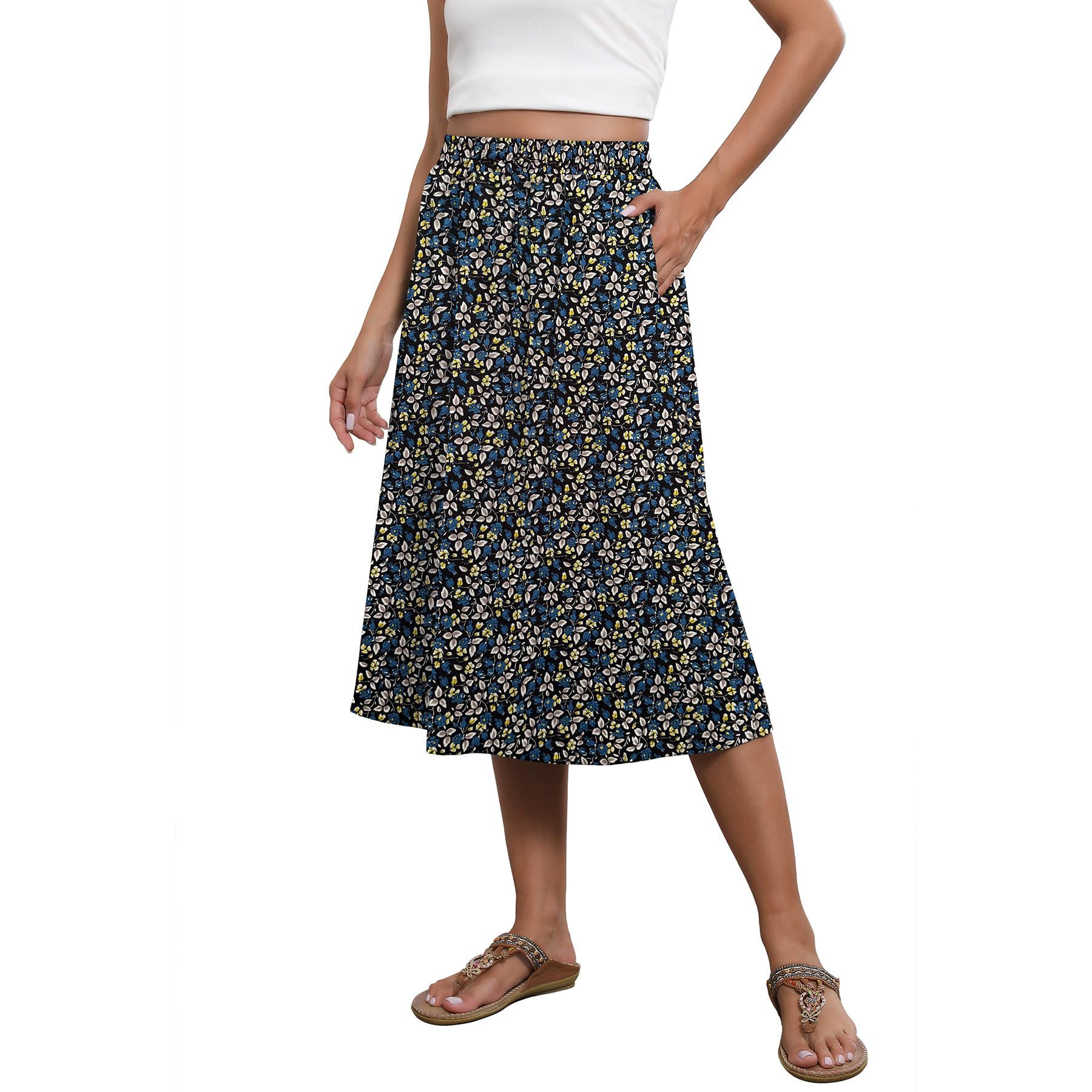 Witsmile Flowy Skirt Midi Length Elastic High Waist A-Line Skirt with Pockets Boho for Women 2025 Trendy(S-2XL)