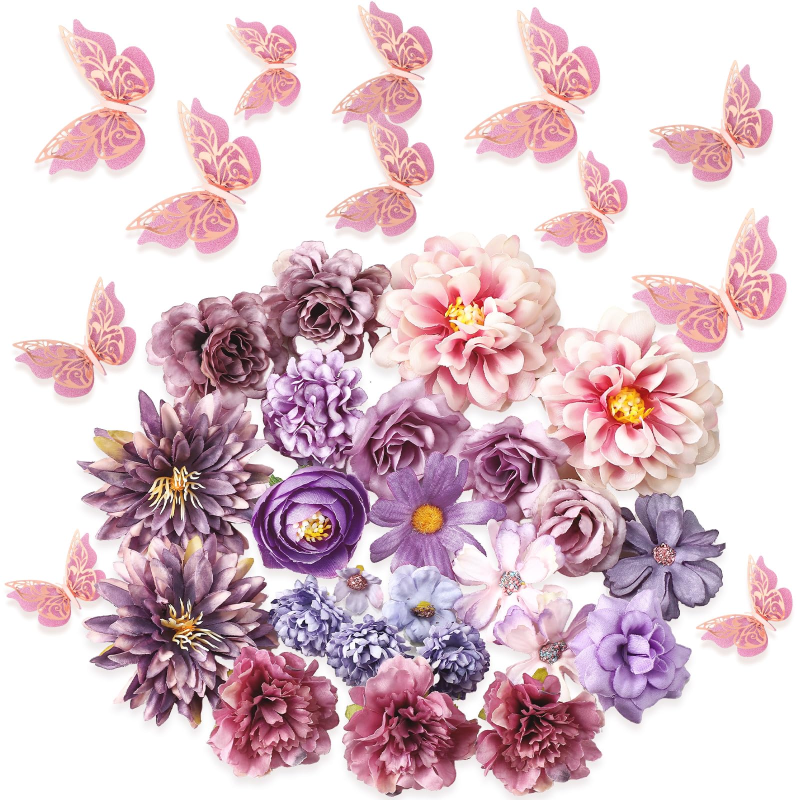 Wavwavw 36 Pcs DIY Graduation Cap Decorations Accessory Kit Include Faux Flower Heads and 3D Glitter Butterfly for Graduation Cap Decoration Home Decor Cake Wreath Craft Decor (Purple)