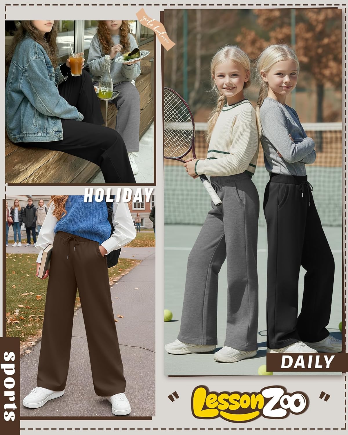 3 Pack Girls Sweatpants Straight Leg Ribbed Waist Active Joggers Teens Athletic Pants with Drawstring and Pockets