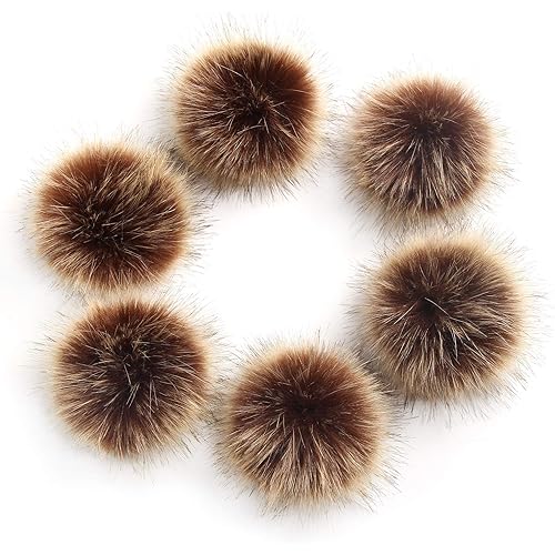 Pack of 6 Faux Fox Fur Pompoms 3.9inch/10CM Furry Pom Pom Ball with Elastic Loop Knitting Crafts Hat Charm Accessories Brown
