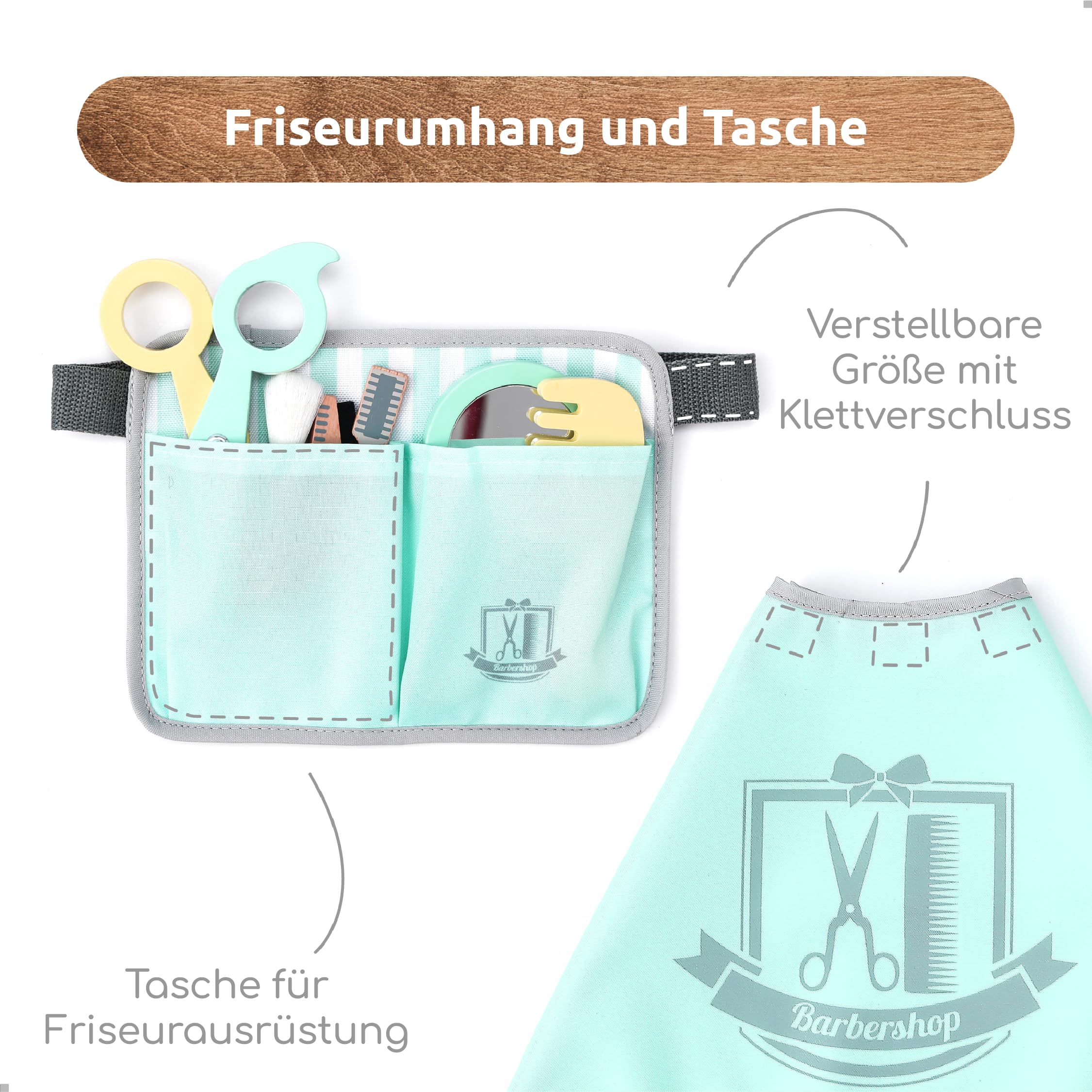 UMU® Kinder Holz Friseur Spielset mit Tasche für Friseurwerkzeuge inkl. Friseurumhang, Schere, Haarglätter, Spiegel u. v. m., 18 Stk Set, Spielzeug zum Rollenspiel, Frisierkoffer für 3, 4, 5 Jahre alt