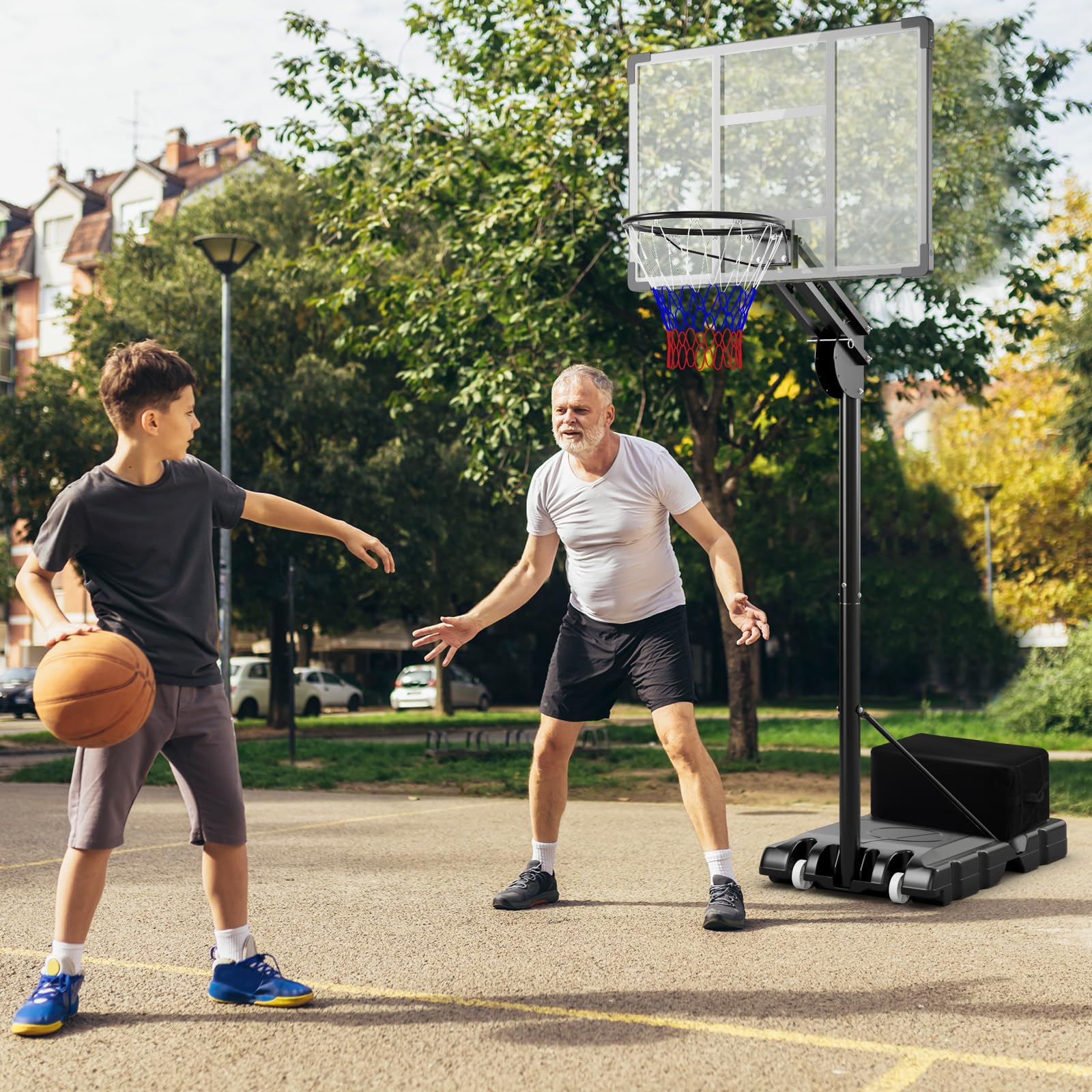 GYMAX Panier de Basket-Ball Mobile pour Intérieur et Extérieur, Réglable en Hauteur 149-305 cm, Panneau Incassable, Base et Sac de Poids Remplissables, pour Enfants, Adolescents, Adultes