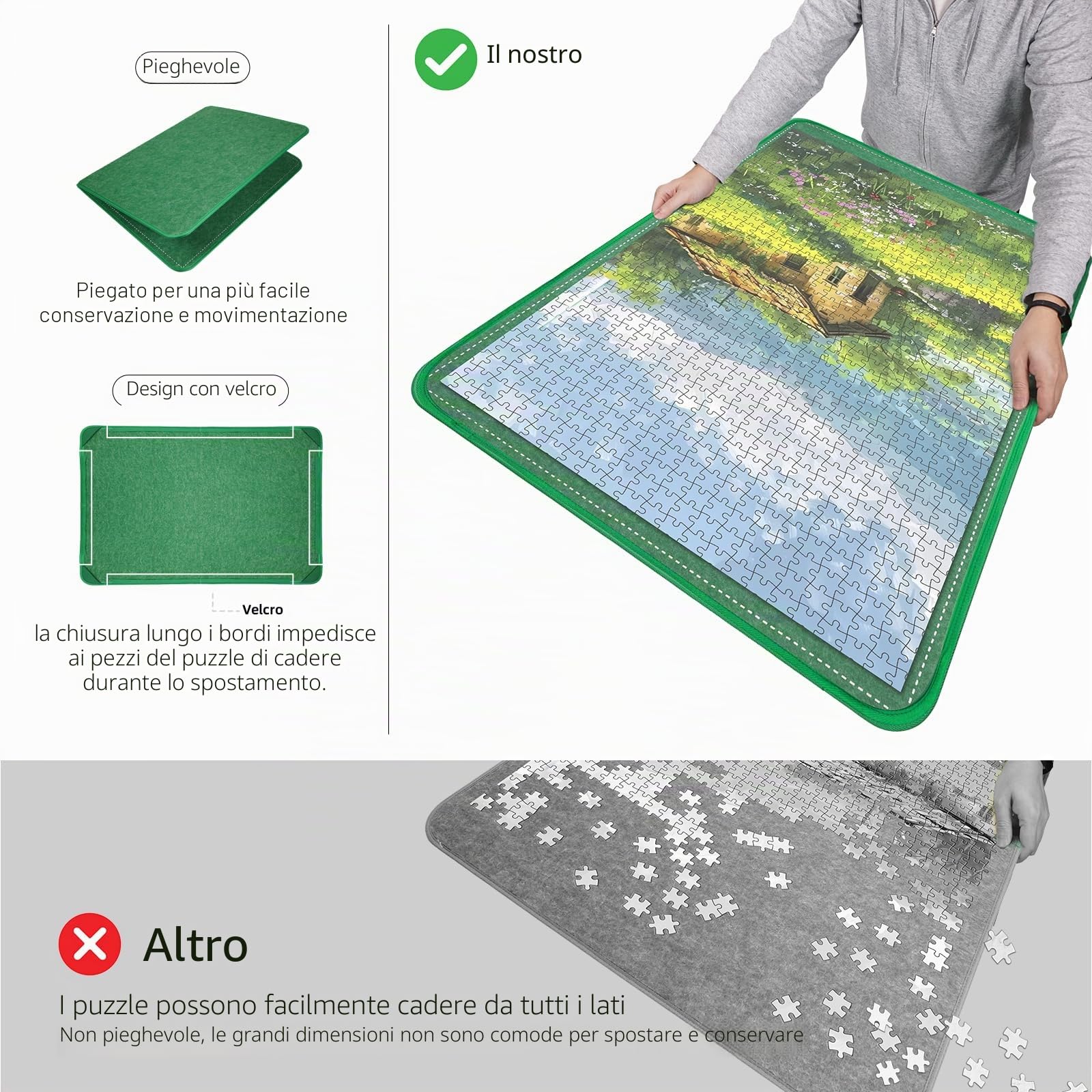 Tappetino pieghevole in feltro per un massimo di 2000 pezzi di puzzle, Tavola puzzle con 8 vassoi di ordinamento e copertura in feltro, Tappetino puzzle pieghevole