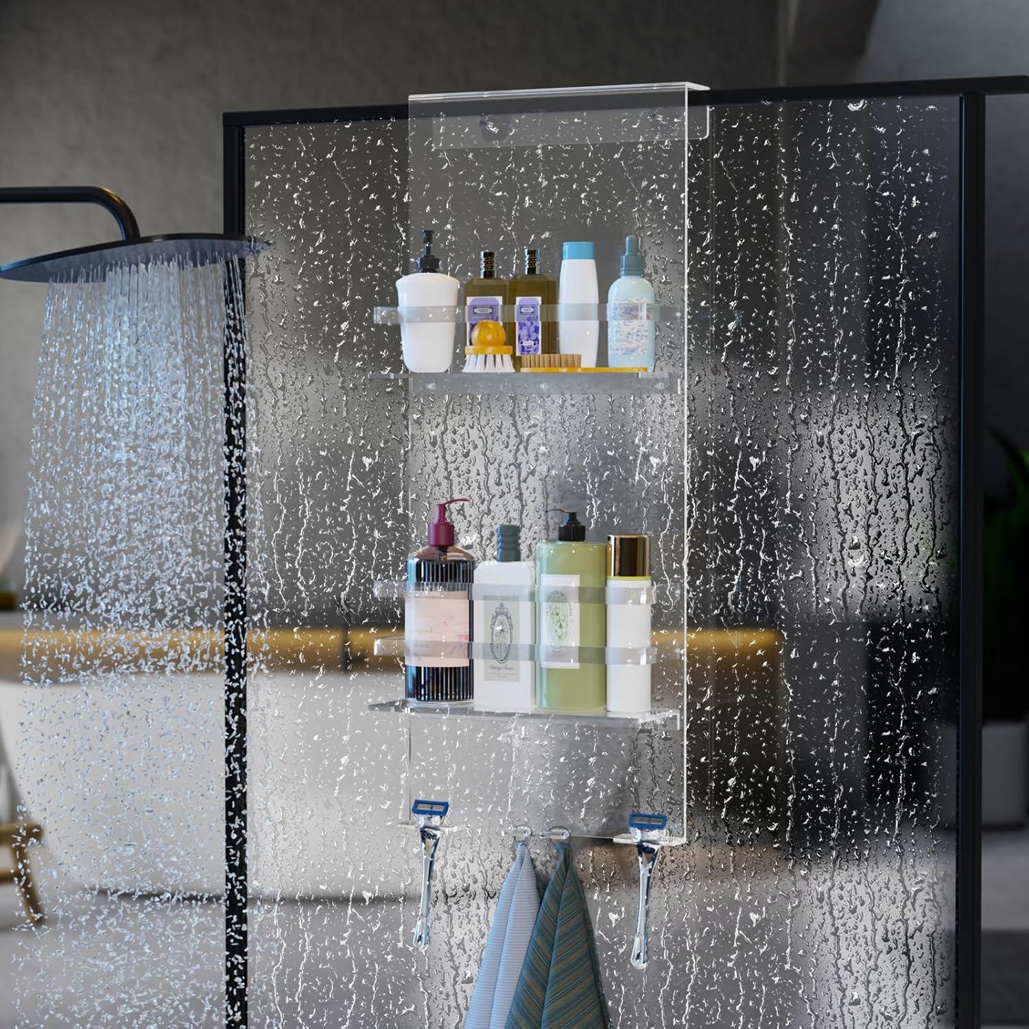 Nynelly Over The Door Shower Caddy, Acrylic Shower Caddy Shelf with Hooks, No Drilling Adjustable Hanging Shower Organizer for Bathroom Storage, Body Wash Shampoo Holder