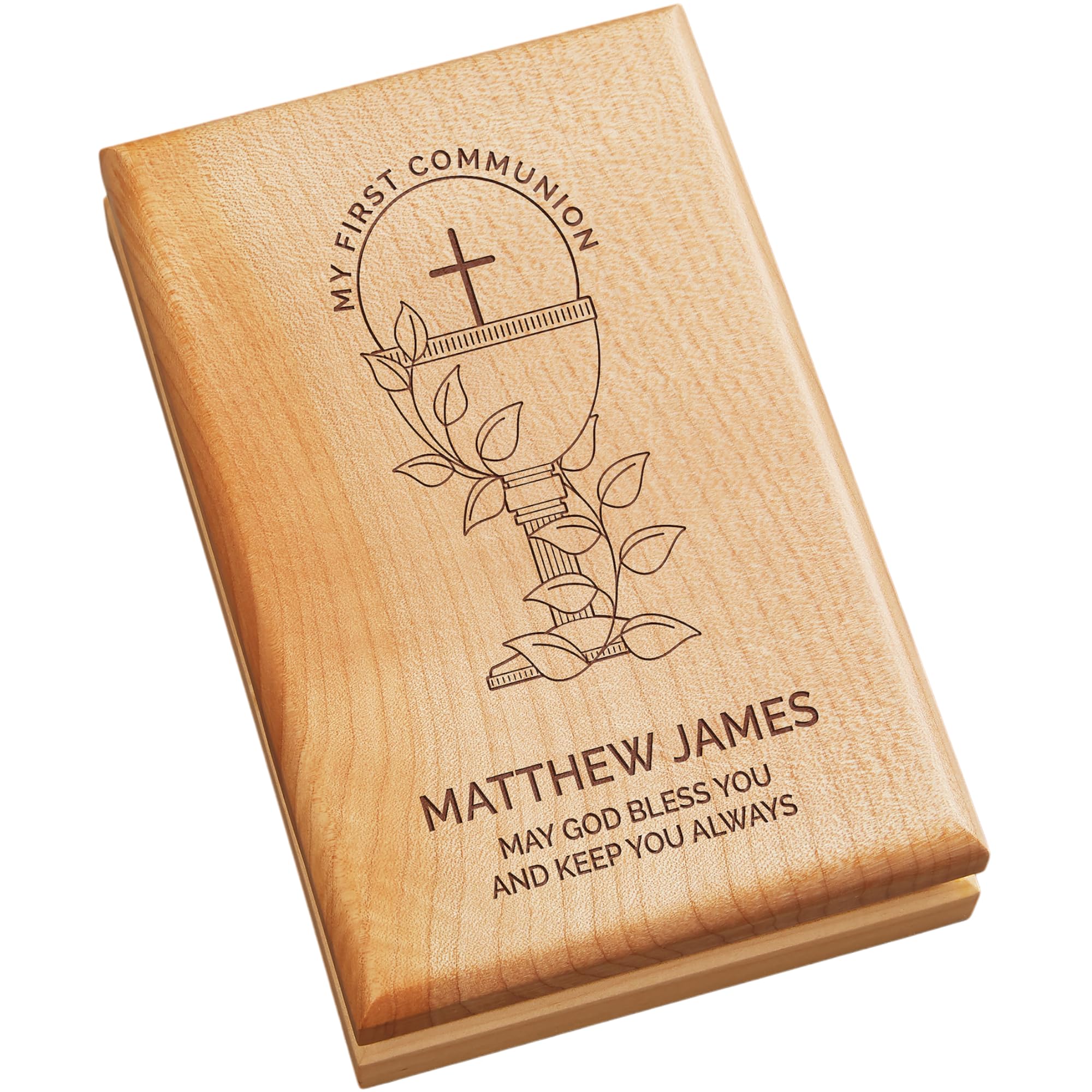 Personalization Universe First Communion Icons Personalized Valet Box- Customizable Jewelry or Trinket Box with Cross Icon, Felt-Lined Storage for Rosary Beads and Keepsakes, 1st Communion Gift