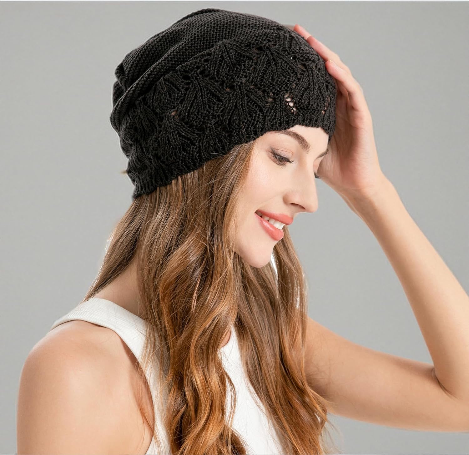 ZLYC Crochet Slouchy Beanie for Women Soft Lightweight Skull Cap Cutout Stretch Knit Hat - Image 10