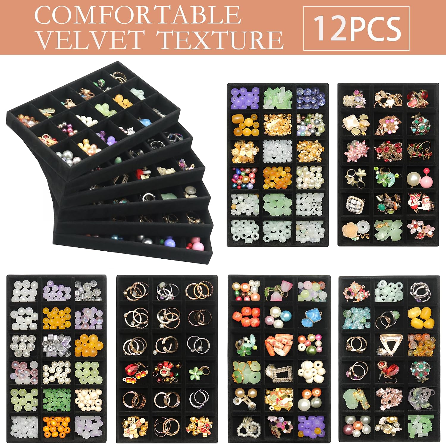 216 Grids Jewelry Drawer Organizer Tray 12 Pack Stackable Velvet Jewelry Trays Removable Dividers for Earring Rings Storage Plate