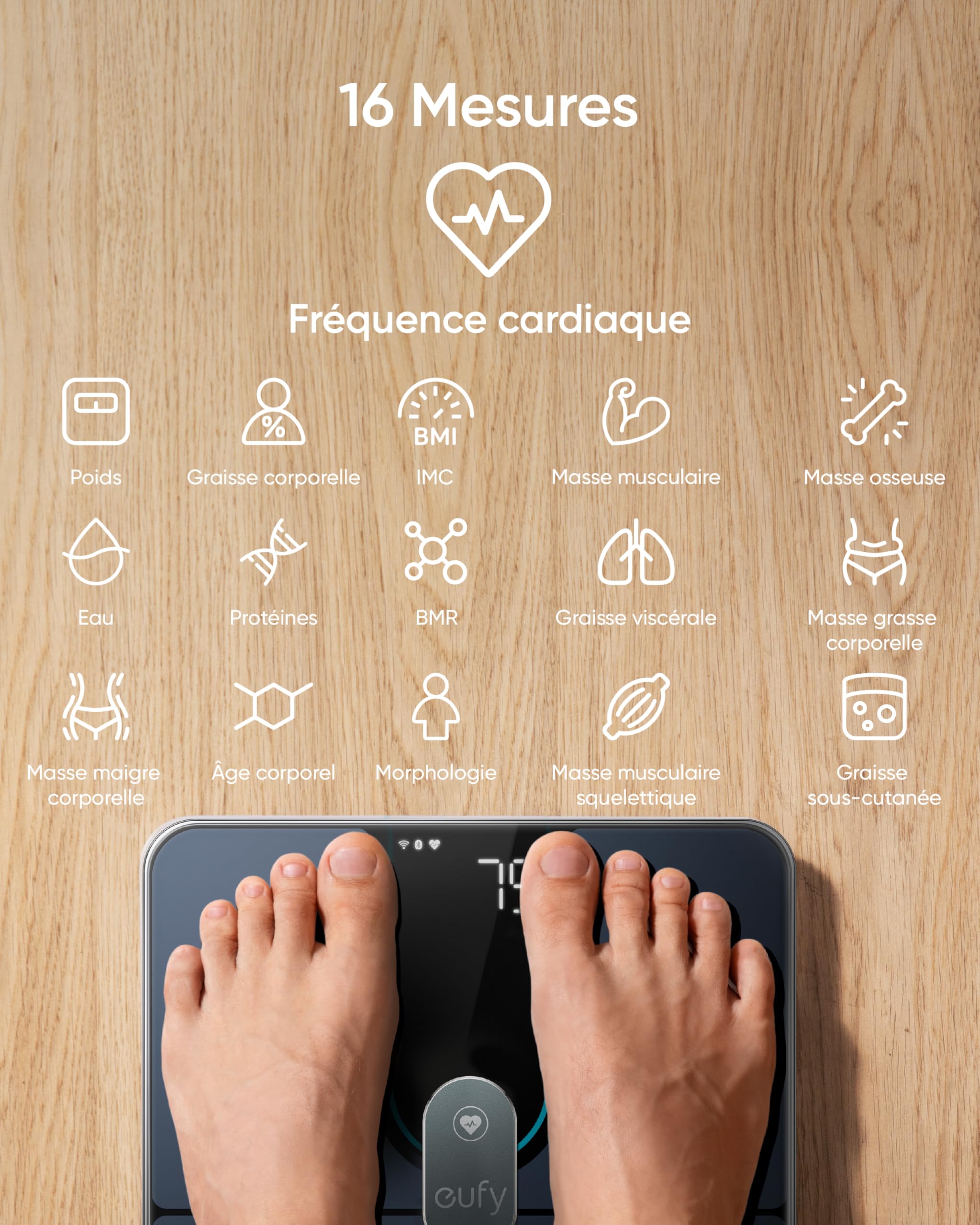 eufy P2 Pro Balance Connectée WiFi Bluetooth 16 Mesures Poids Fréquence Cardiaque Graisse Corporelle IMC Masse Musculaire Osseuse Mode Corps Virtuel 3D Précision 50 g/0,1 lb