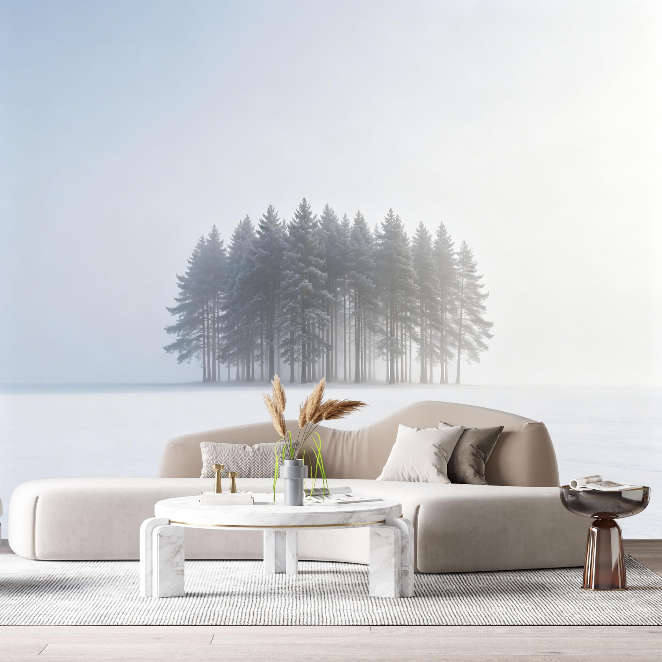 Custom Size Wall Murals Frosted Pine Forest Landscape Minimalist Snow Field Misty Trees SelfAdhesive Wall Fabric Removable Large Wallpaper for Photo Living Room