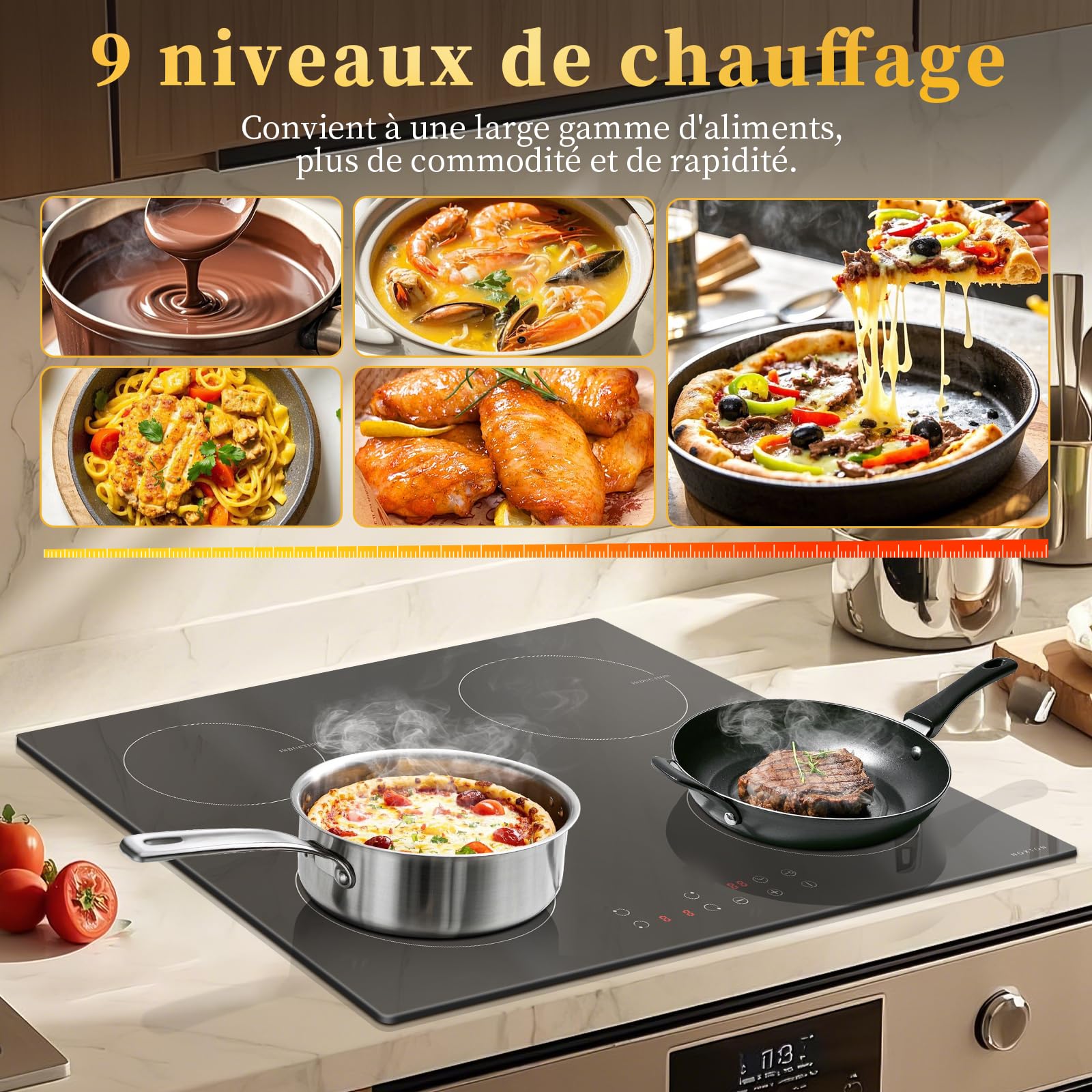 Plaque Induction 4 Feux avec Prise, Plaque de Cuisson Electrique Encastrable, Table de Cuisson Induction 60CM, 6400W Plaque Induction 4 Foyers avec Commande Tactile, Sécurité Enfant, Minuterie