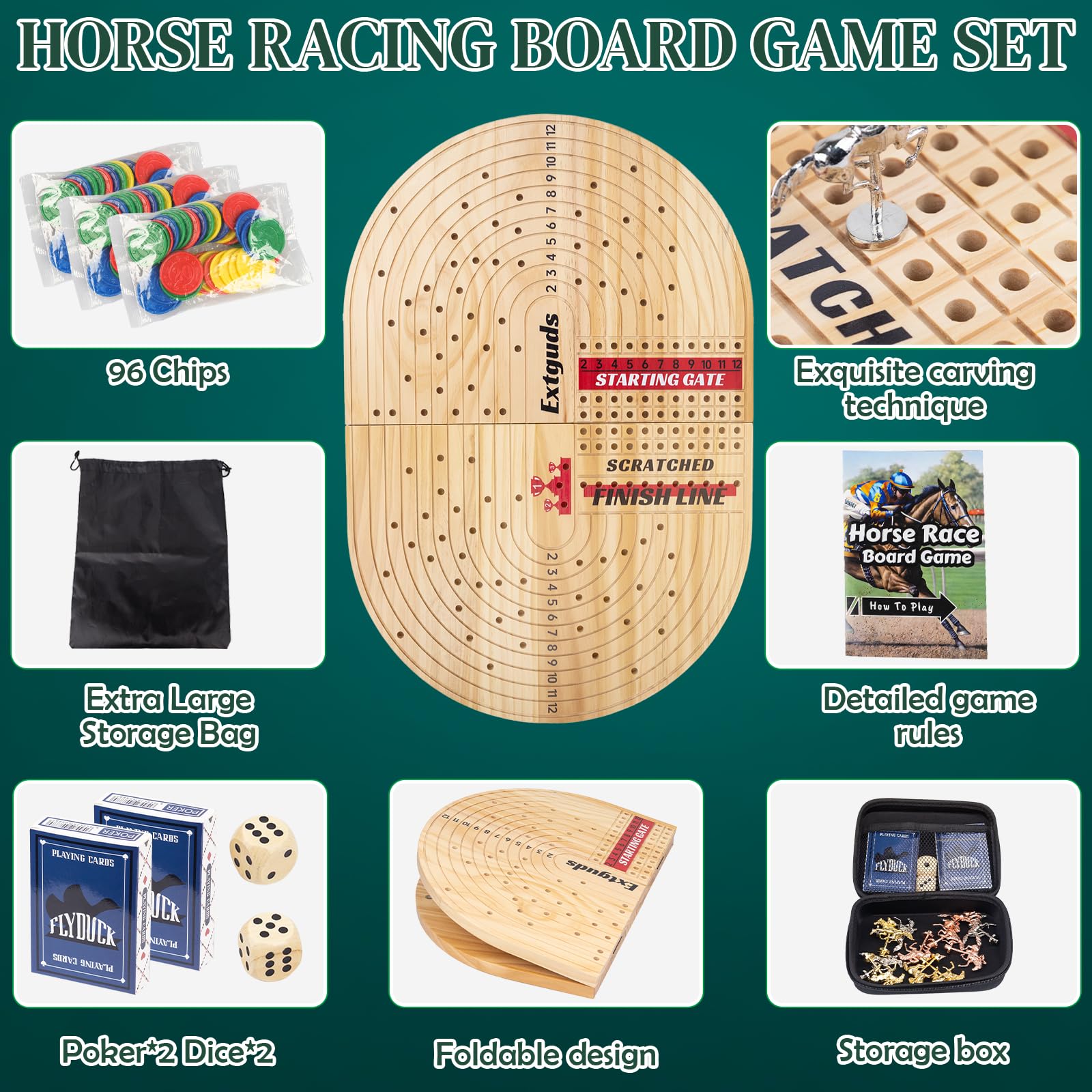 Grand jeu de société de course de chevaux de 63 cm, jeu de course de chevaux Derby classique, bois pliable, 11 chevaux en métal de qualité supérieure, 96 jetons, 2 dés, 2 boîtes de cartes à jouer, 1