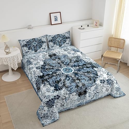 Miniatura 3 de Erosebridal Juego de edredón floral étnico, tamaño Queen, bohemio, vintage, azul, retro, bohemio, exótico, juego de edredón clásico abstracto con